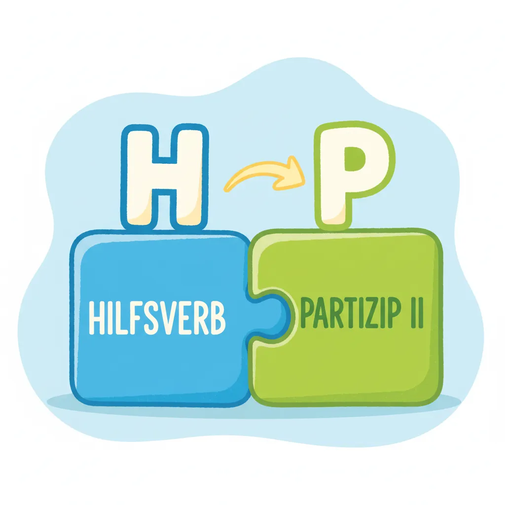 Zwei große, bunte Bausteine im Cartoon-Stil. Der linke Baustein (blau) symbolisiert das Hilfsverb, der rechte Baustein (grün) das Partizip II. Die Bausteine passen perfekt zusammen wie Puzzleteile. Über den Bausteinen steht je ein einzelner Buchstabe: über dem linken ein einzelnes 