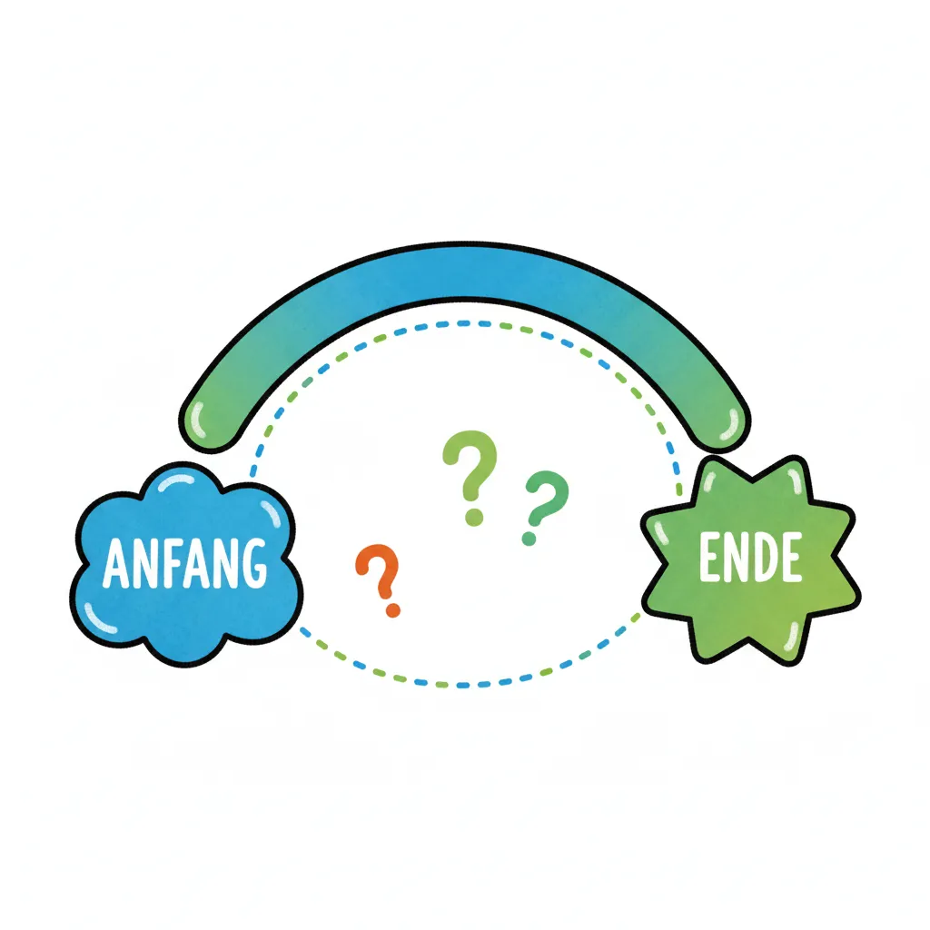 Eine große, geschwungene Klammer, die zwei Teile verbindet. Die Klammer ist in bunten Farben (blau und grün) dargestellt. Zwischen den beiden Enden der Klammer ist Platz für andere Satzteile. Kindgerechter Illustrationsstil im Cartoon-Stil auf weißem Hintergrund.