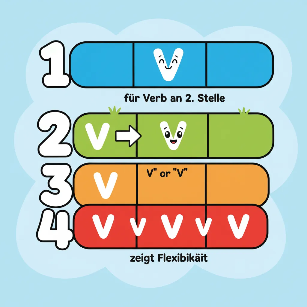Vier horizontale farbige Balken untereinander, jeder repräsentiert eine Satzart. Jeder Balken ist in drei Felder unterteilt. Balken 1 (blau): In Feld 2 steht „V