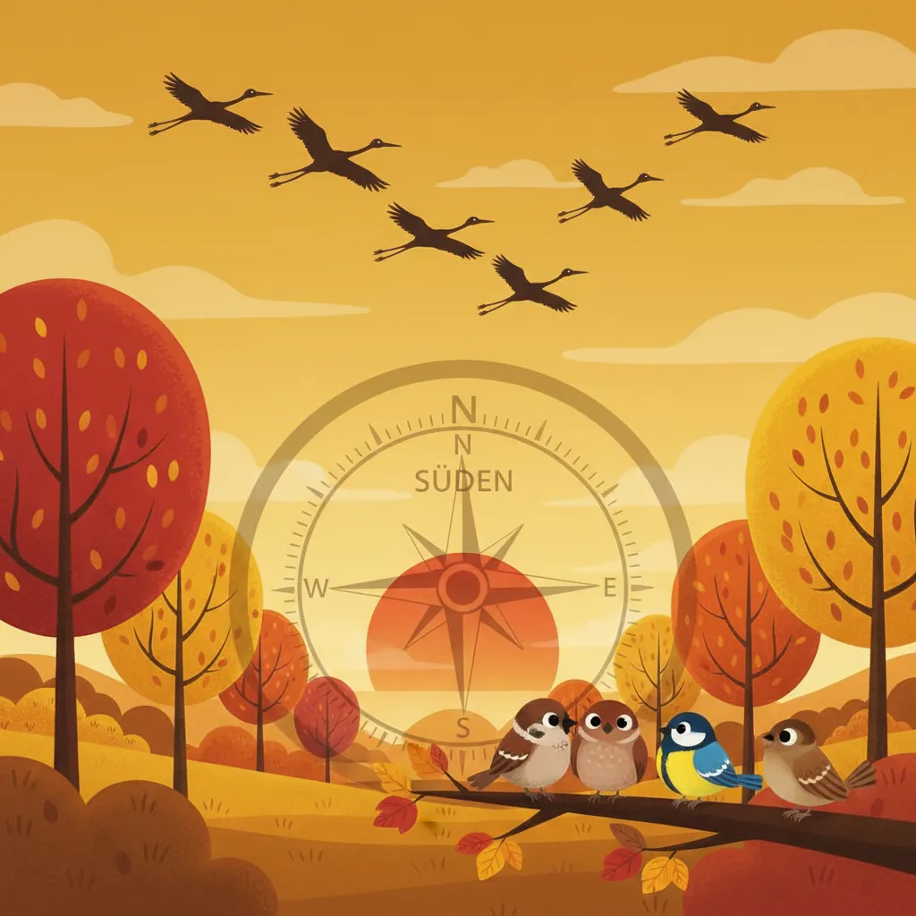 Eine kindgerechte Illustration einer Gruppe von Zugvögeln (wie Störche oder Kraniche) in V-Formation am Himmel. Im Hintergrund eine Herbstlandschaft mit bunten Bäumen und einem Kompass, der nach Süden zeigt. Die Sonne steht tief, es ist Herbst. Im Vordergrund sind einige kleine Standvögel (Spatzen, Meisen) auf einem Ast zu sehen, die zurückbleiben. Warme Herbstfarben (Orange, Rot, Gold). Kindgerechter, freundlicher Illustrationsstil für 8-9-jährige Kinder.
