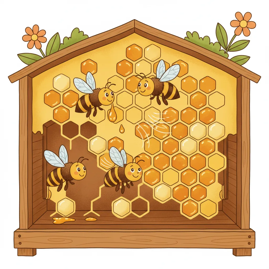 Eine detaillierte, kindgerechte Querschnittsansicht eines Bienenstocks mit sechseckigen Waben. Mehrere fleißige Bienen sind zu sehen: Eine füllt gerade goldenen Honig in eine Wabe, andere fächeln mit den Flügeln. Die Waben sind teils gefüllt mit goldenem Honig, teils leer. Einige Waben sind mit Wachsdeckeln verschlossen. Warme Gelb- und Goldtöne. Die Bienen sind freundlich dargestellt. Kindgerechter Illustrationsstil für 8-9-jährige Kinder, lehrreich aber nicht zu komplex.