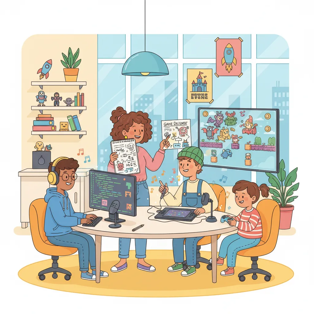 Eine bunte, kindgerechte Illustration eines Spieleentwickler-Teams. Zeigt fünf verschiedene Personen, die zusammenarbeiten: Ein Game Designer mit Notizen und Ideenskizzen, ein Künstler am Zeichentablet mit bunten Charakteren auf dem Bildschirm, ein Programmierer am Computer mit Code, ein Sounddesigner mit Kopfhörern und einem Mikrofon, und ein Tester mit einem Controller beim Spielen. Alle sitzen um einen großen Tisch oder in einem modernen Büro. Freundliche, diverse Charaktere. Bunte, motivierende Farben. Kindgerechter Illustrationsstil für 8-9-jährige Kinder.