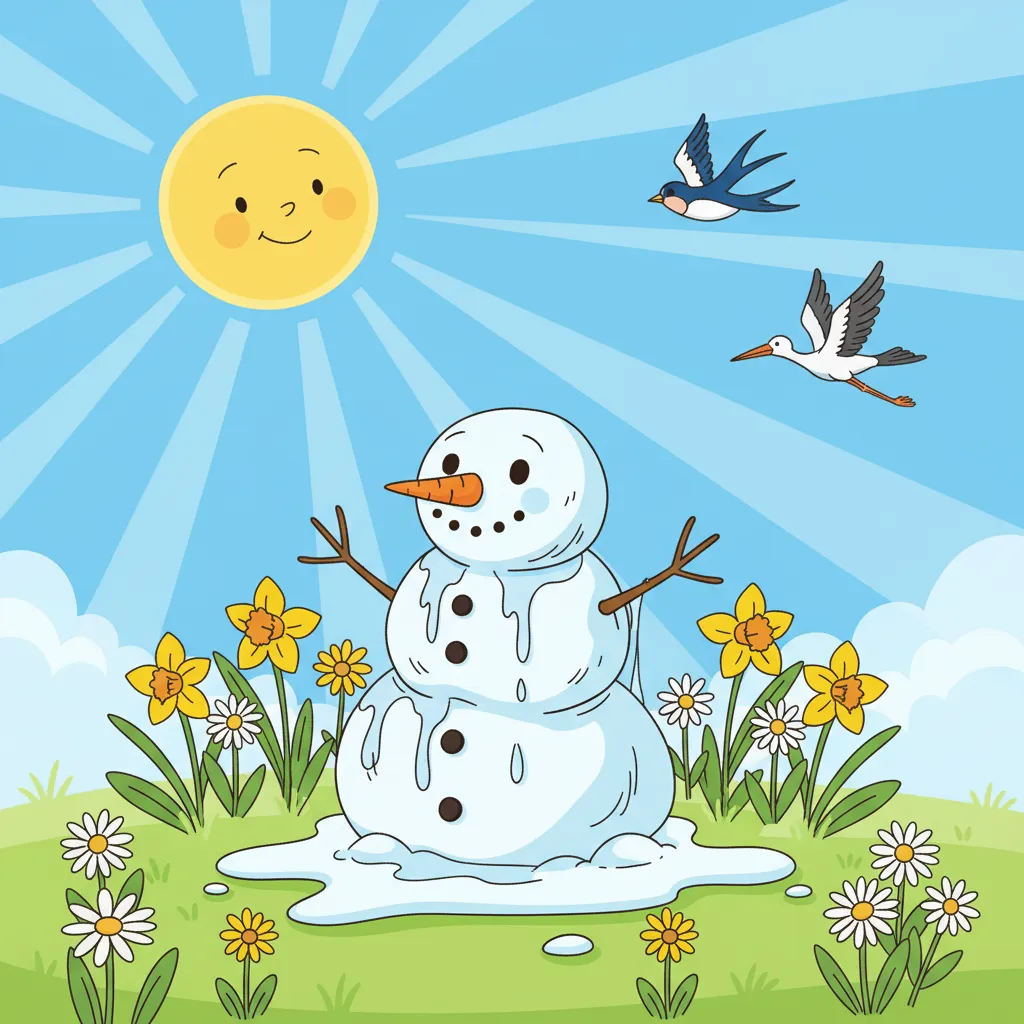 Ein Schneemann, der in der warmen Frühlingssonne schmilzt. Die Sonne strahlt hell am blauen Himmel. Um den Schneemann herum blühen bunte Frühlingsblumen (gelb, weiß, grün). Der Schneemann tropft und wird kleiner. Im Hintergrund fliegen Vögel (Schwalbe und Storch). Der Kontrast zwischen dem schmelzenden Winter und dem lebendigen Frühling ist deutlich sichtbar. Kindgerechter Illustrationsstil im Cartoon-Stil.