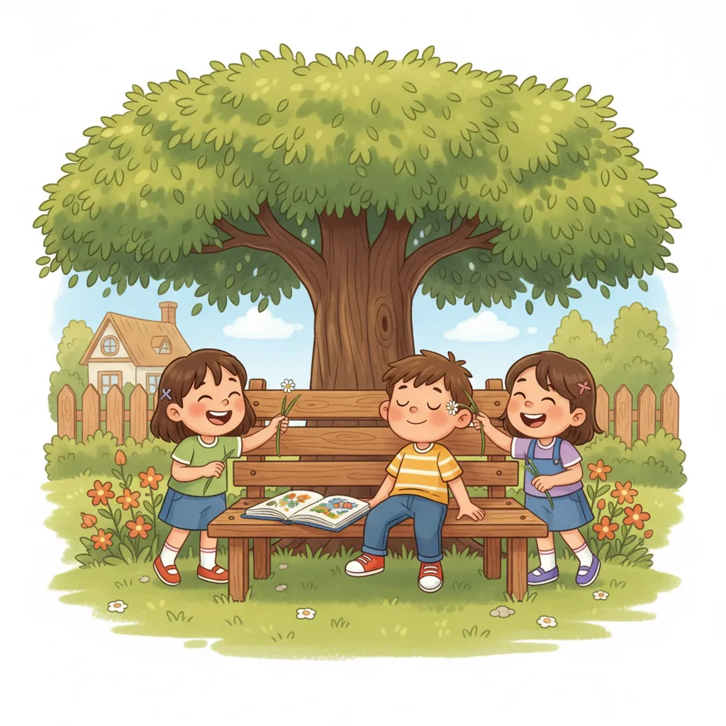 Ein Junge sitzt auf einer Gartenbank unter einem großen Lindenbaum. Seine Augen sind geschlossen, er ist eingeschlafen. Neben ihm liegt ein aufgeschlagenes Buch. Zwei Mädchen stehen lachend neben ihm und kitzeln ihn mit Grashalmen am Ohr. Die Szene ist freundlich und humorvoll. Sonniger Nachmittag im Garten. Kindgerechter Illustrationsstil im Cartoon-Stil.