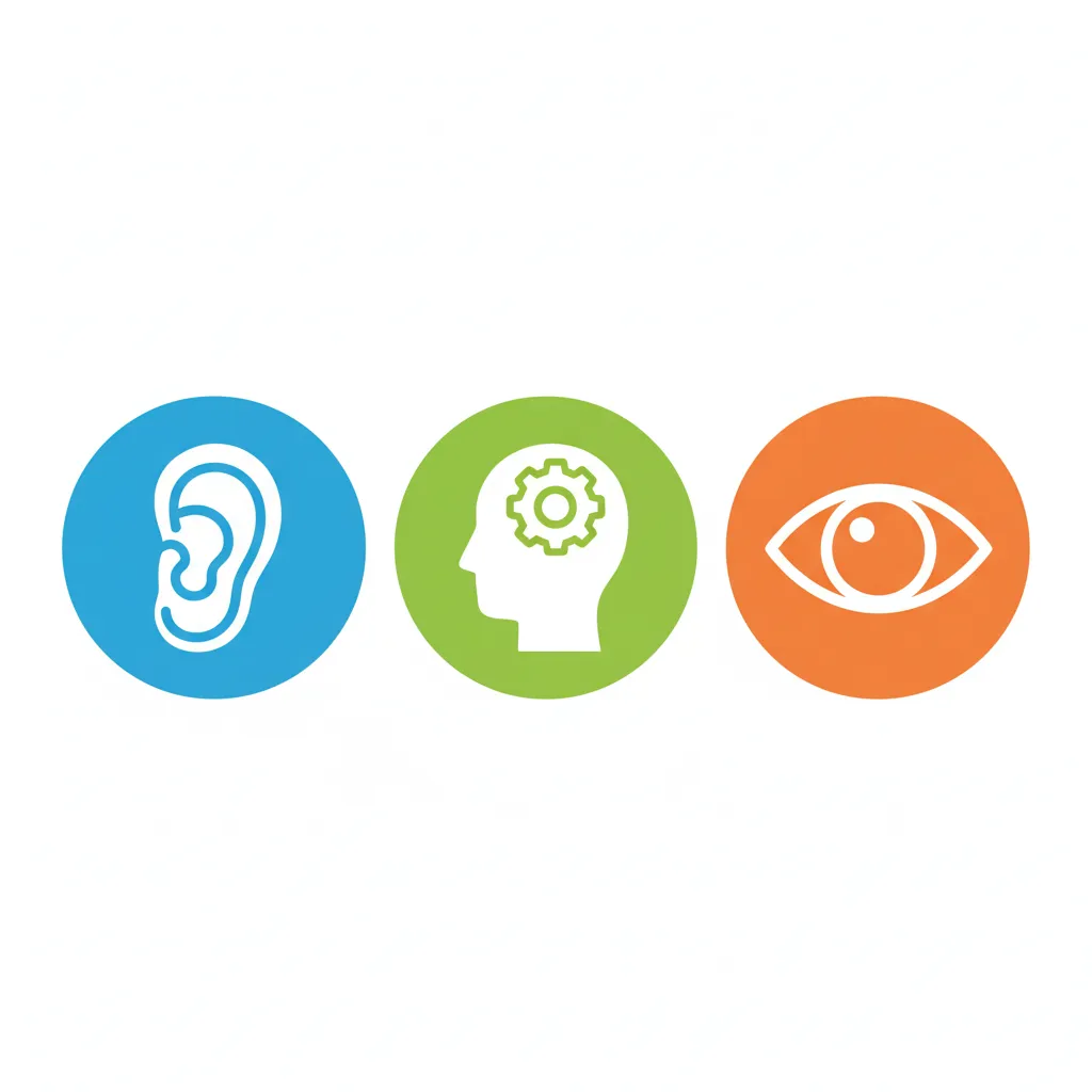 Drei farbige Kreise nebeneinander. Erster Kreis (blau) mit einem Ohr-Symbol, zweiter Kreis (grün) mit einem Kopf-Symbol mit Zahnrad, dritter Kreis (orange) mit einem Auge-Symbol. Alle Symbole in einfacher, klarer Form ohne Text. Kindgerechter Illustrationsstil im Cartoon-Stil auf weißem Hintergrund.