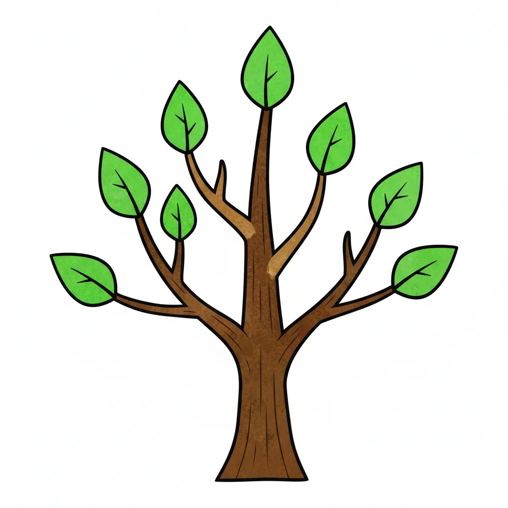 Ein großer, bunter Baum mit einem dicken Baumstamm in der Mitte und mehreren Ästen, die nach oben wachsen. Der Stamm ist dunkelbraun, die Äste sind hellbraun, und am Ende jedes Astes ist ein grünes Blatt. Insgesamt sieben Äste mit Blättern. Kindgerechter Illustrationsstil im Cartoon-Stil auf weißem Hintergrund.