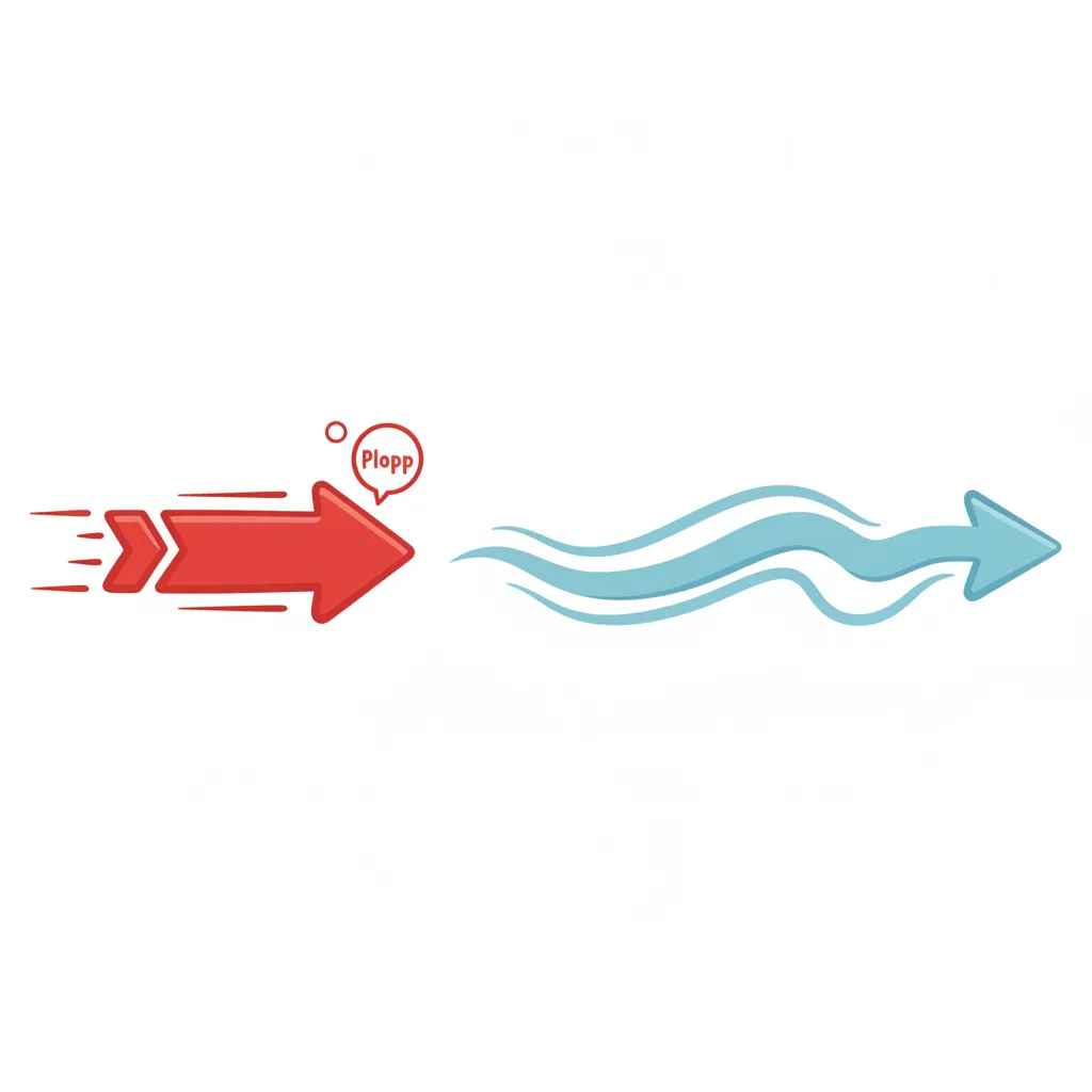 Eine kindgerechte Cartoon-Illustration, die kurze und lange Töne visuell darstellt. Links: Ein kurzer, schneller Pfeil in kräftigem Rot mit einem einzelnen „Plopp