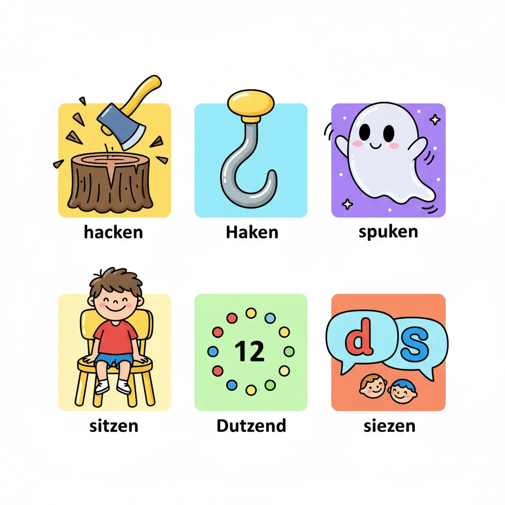 Sechs bunte Illustrationen in zwei Reihen auf weißem Hintergrund. Obere Reihe zeigt Bedeutungsunterschiede: Links ein Holzstück mit einer Axt (für „hacken