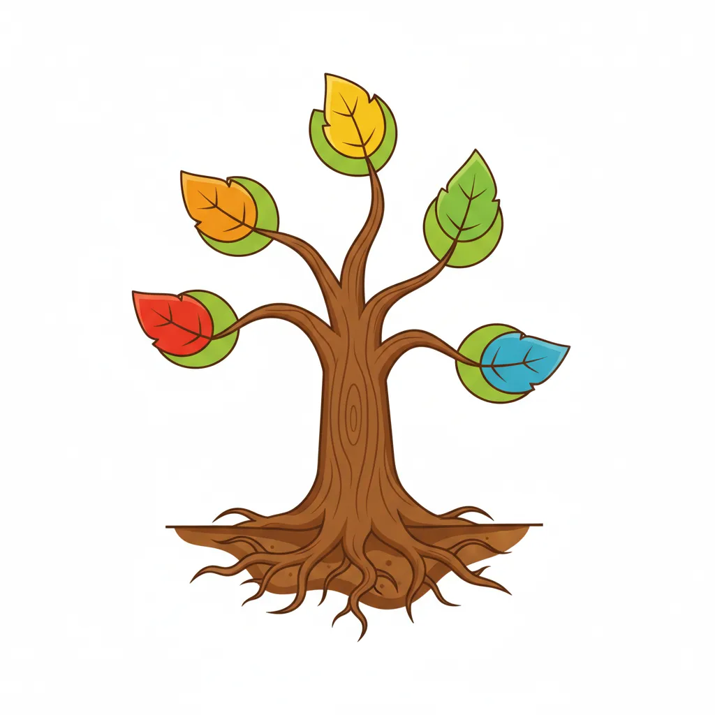 Ein stilisierter Baum mit starkem Stamm in der Mitte und fünf Ästen, die nach oben und zu den Seiten wachsen. Der Stamm ist braun, die Äste grün. Auf jedem Ast sitzt ein buntes Blatt in unterschiedlichen Farben (rot, orange, gelb, grün, blau). Im Wurzelbereich unter der Erde sind Wurzelstränge sichtbar. Kindgerechter Illustrationsstil im Cartoon-Stil auf weißem Hintergrund.