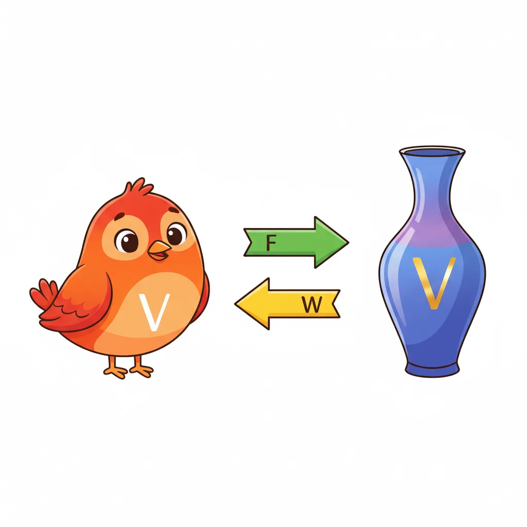 Links ein bunter Cartoon-Vogel (orange-rot) mit dem einzelnen Buchstaben „V