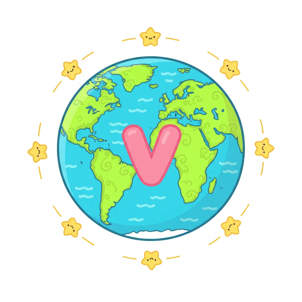 Eine bunte Weltkugel (Erdball mit Kontinenten in Grün und Ozeanen in Blau) in der Mitte. Um die Weltkugel herum kreisen fünf kleine Sterne. Auf der Weltkugel in der Mitte steht der einzelne Buchstabe „V