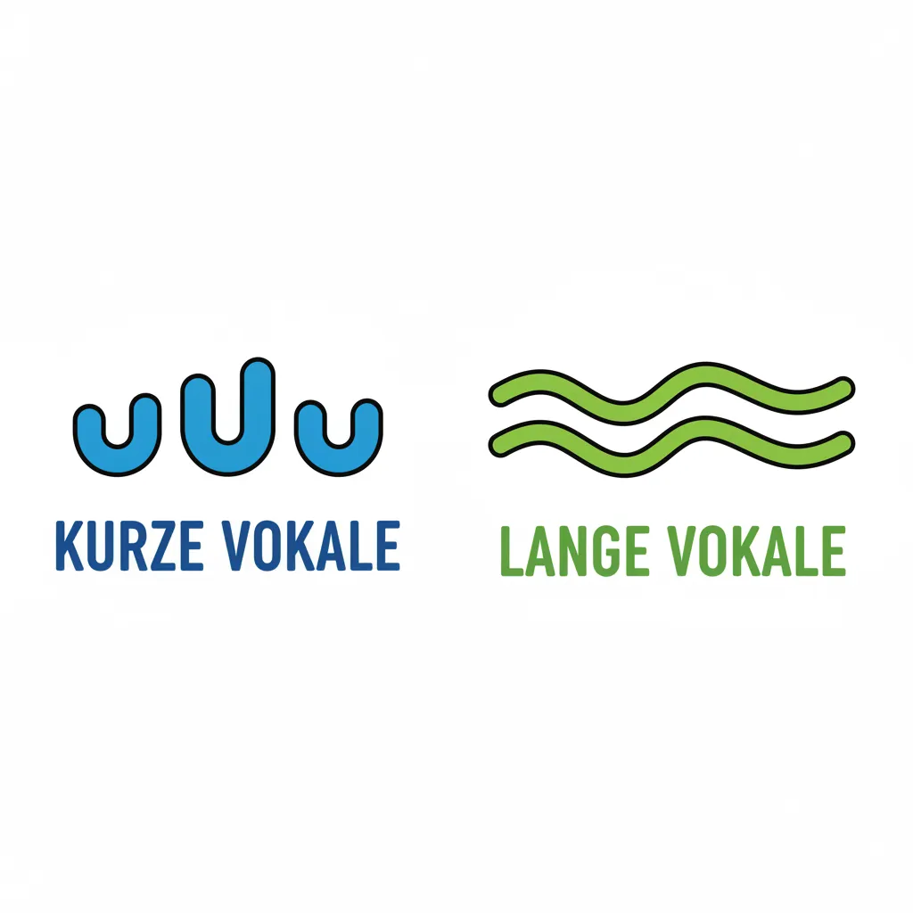 Zwei Gruppen von visuellen Symbolen auf weißem Hintergrund. Linke Gruppe: Drei kurze, kompakte Wellen in Blau, die kurze Vokale symbolisieren. Rechte Gruppe: Drei lange, gestreckte Wellen in Grün, die lange Vokale symbolisieren. Einfache, klare geometrische Formen. Kindgerechter Illustrationsstil im Cartoon-Stil.