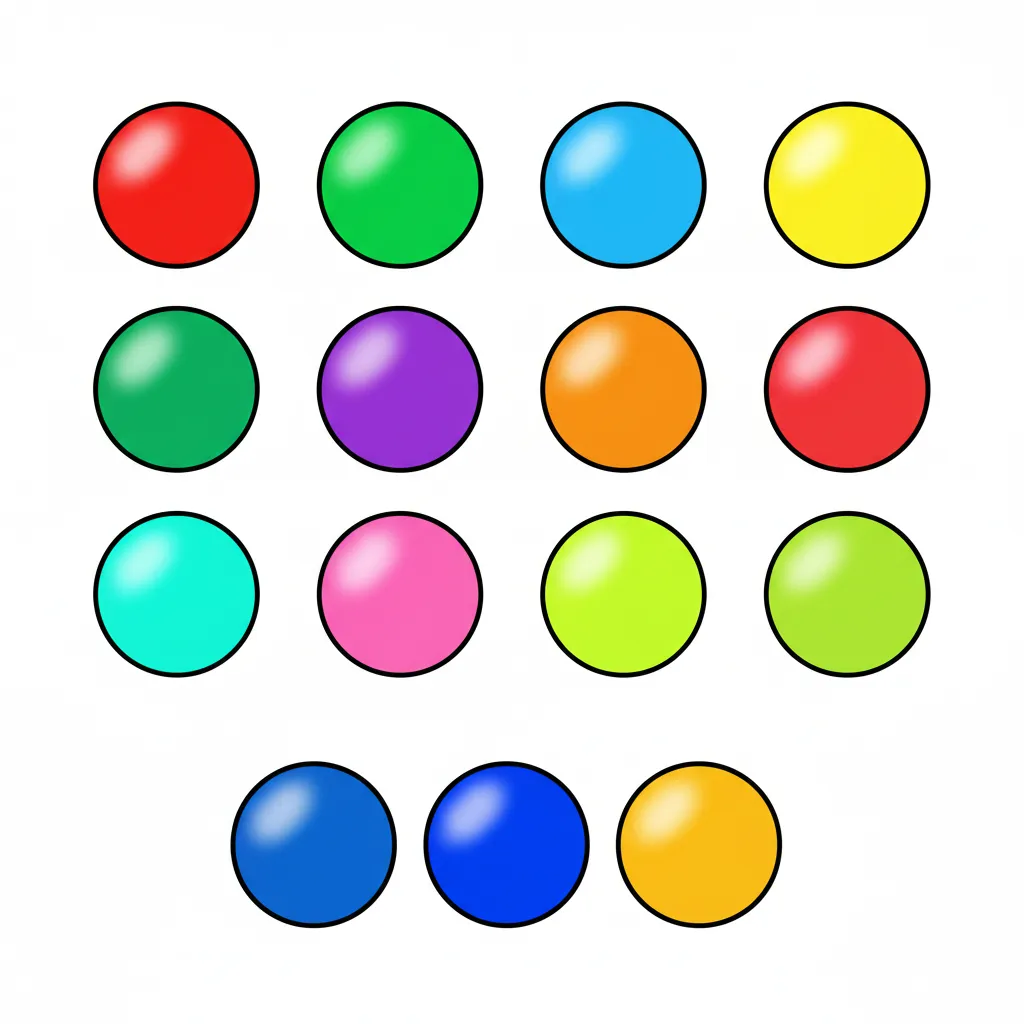 Elf bunte Kreise in drei Reihen angeordnet auf weißem Hintergrund. Jeder Kreis in einer anderen leuchtenden Farbe (Rot, Blau, Grün, Gelb, Orange, Lila, Pink, Türkis, etc.). Die Kreise sind in gleicher Größe und bilden ein symmetrisches Muster. Kindgerechter Illustrationsstil im Cartoon-Stil.