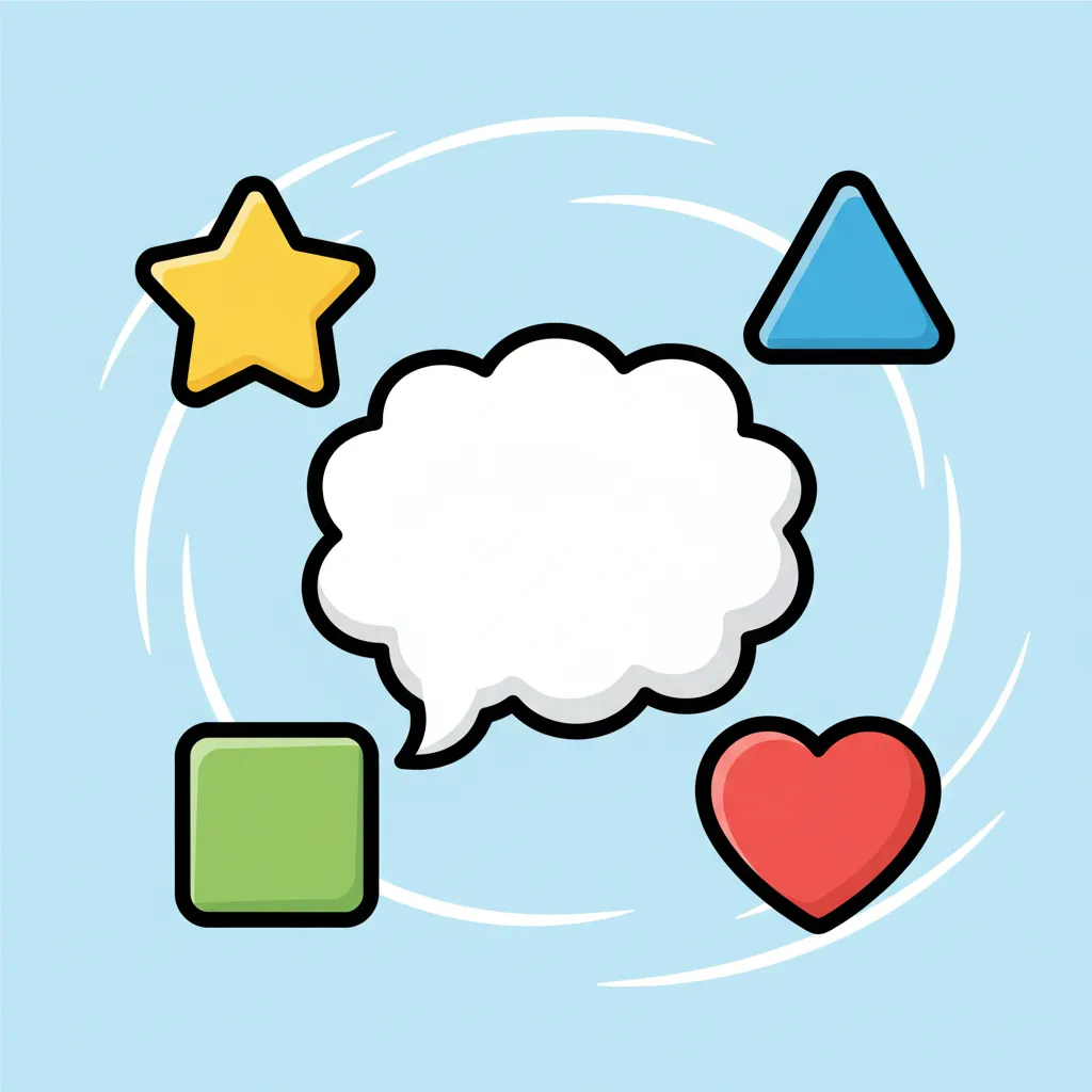 Eine Gedankenwolke in der Mitte, umgeben von vier verschiedenen bunten Symbolen: Ein Stern in Gelb, ein Dreieck in Blau, ein Quadrat in Grün und ein Herz in Rot. Alle Symbole sind gleich groß und symmetrisch um die zentrale Wolke angeordnet. Kindgerechter Illustrationsstil im Cartoon-Stil.