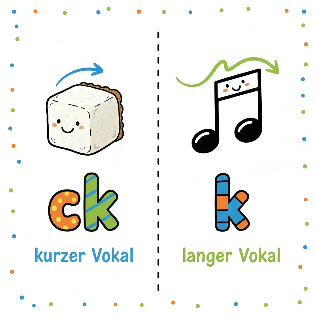 Eine kindgerechte Illustration im Cartoon-Stil zeigt zwei Beispielwörter nebeneinander auf weißem Hintergrund. Links: Ein Stück Zucker mit einem kurzen, schnellen Pfeil darüber (Symbol für kurzen Vokal) und darunter 