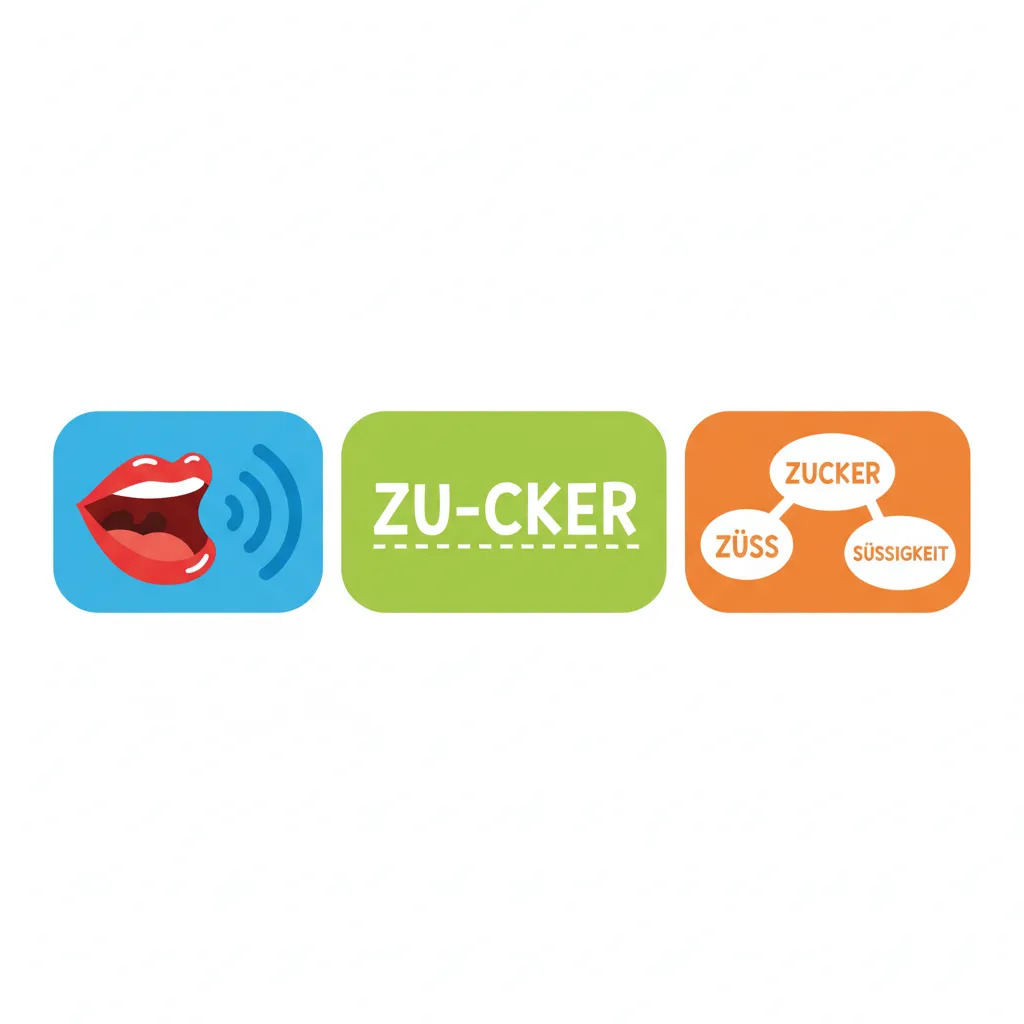 Eine kindgerechte Illustration im Cartoon-Stil auf weißem Hintergrund zeigt drei farbige Bereiche nebeneinander. Links (blau): Ein Mund der laut spricht mit Schallwellen (Symbol für Aussprache-Methode). Mitte (grün): Das Wort 