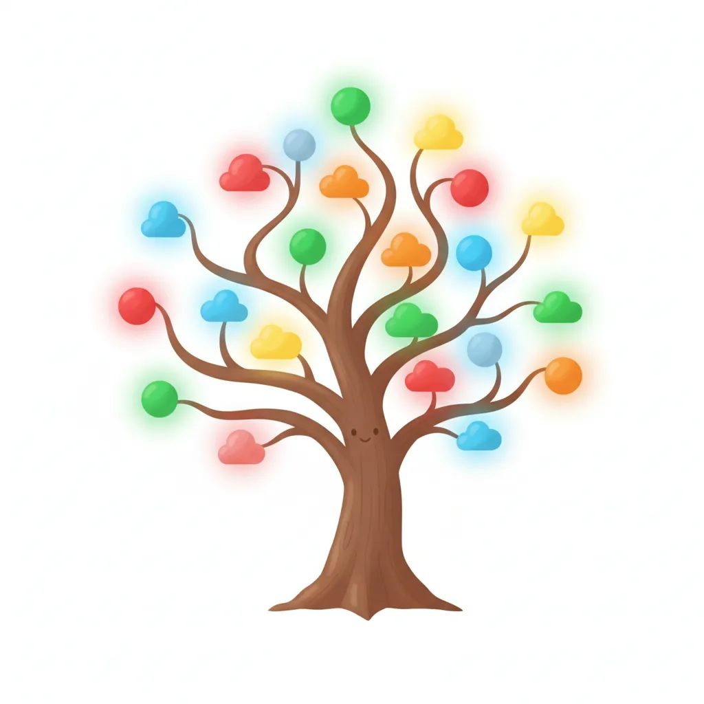 Eine kindgerechte Illustration im Cartoon-Stil: Ein bunter Baum mit einem dicken Stamm in der Mitte und mehreren Ästen, die sich nach oben verzweigen. Jeder Ast endet in einer leuchtenden, farbigen Kugel oder Wolkenform (Rot, Blau, Grün, Orange, Gelb). Die Illustration symbolisiert Verbindungen und Verzweigungen. Freundliche Farben auf weißem Hintergrund. Keine Buchstaben oder Wörter.