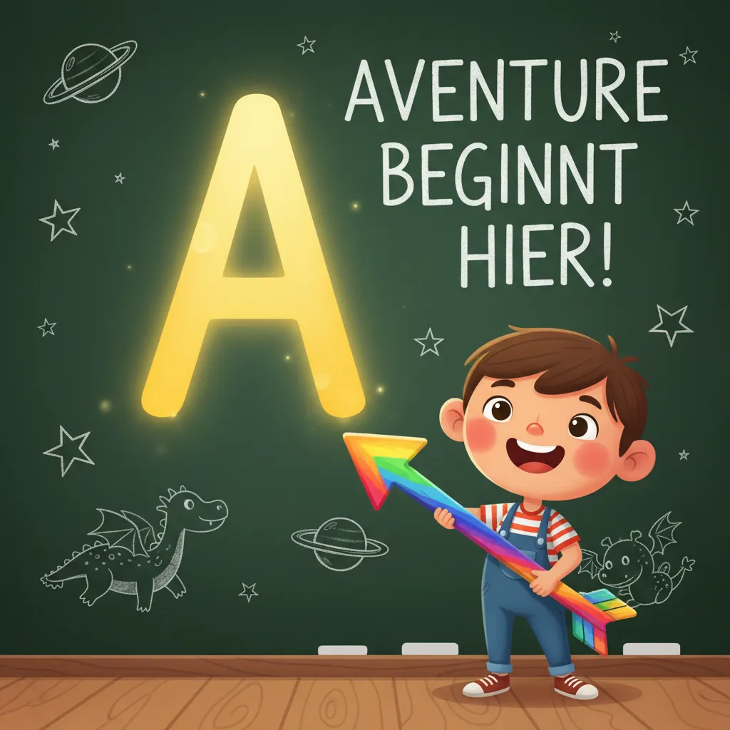 Ein fröhliches Kind steht vor einer großen Tafel und zeigt mit einem bunten Pfeil auf den großen Anfangsbuchstaben eines Satzes. Der Buchstabe leuchtet in einer hellen Farbe. Kindgerechter Illustrationsstil im Cartoon-Stil.