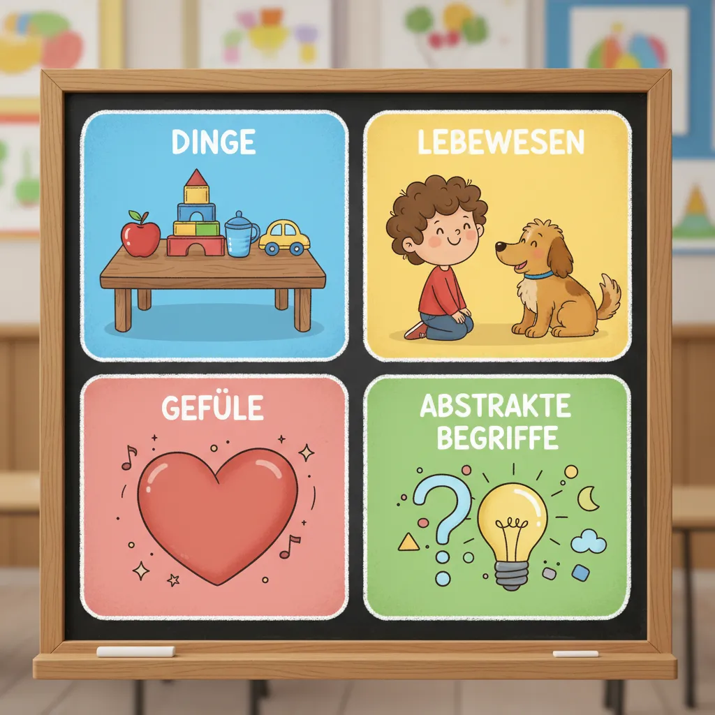 Vier bunte Bereiche auf einer Tafel: ein Tisch (Dinge), ein Kind mit Hund (Lebewesen), ein Herz (Gefühle) und ein Fragezeichen mit Glühbirne (abstrakte Begriffe). Jeder Bereich ist in einer anderen Farbe dargestellt. Kindgerechter Illustrationsstil im Cartoon-Stil.