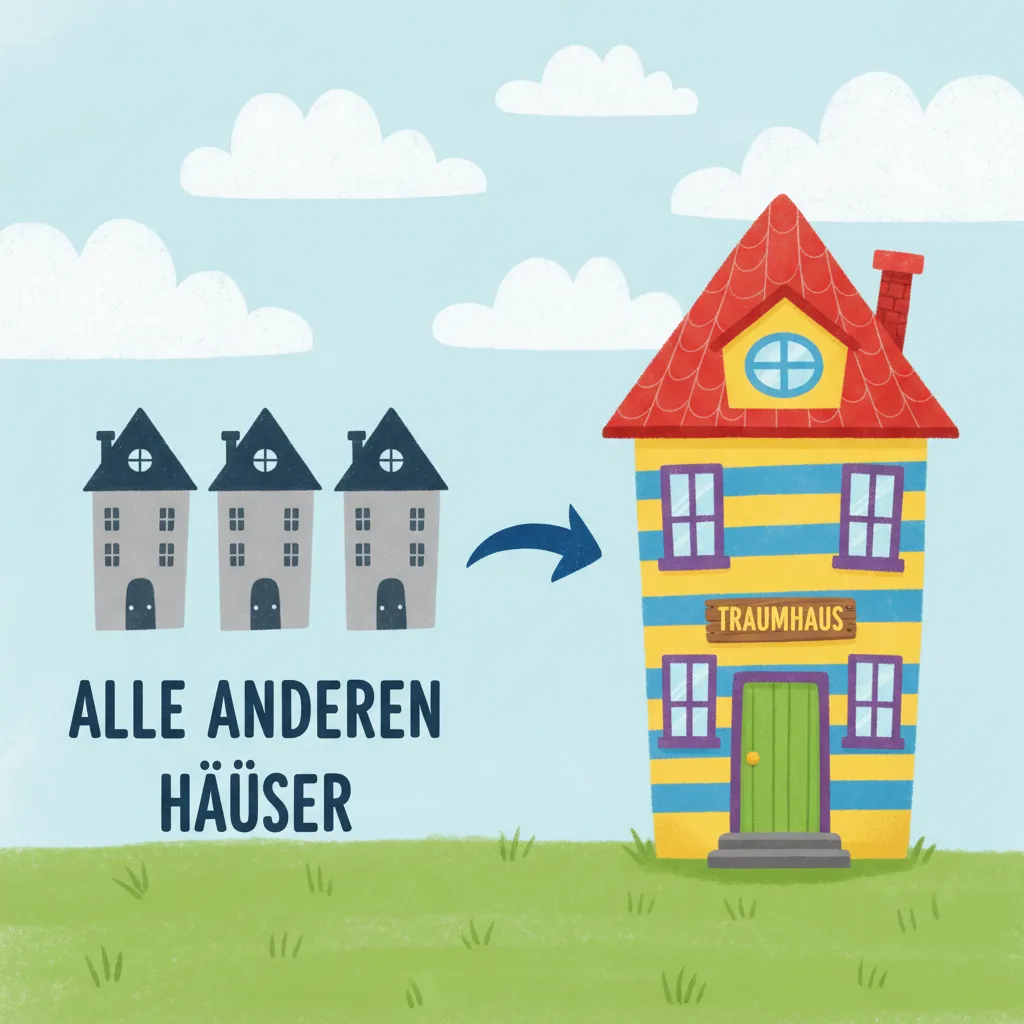 Zwei Spalten: Links mehrere identische graue Häuser mit Text darunter, rechts ein besonderes buntes Haus mit einem Namensschild. Ein Pfeil zeigt von links nach rechts. Kindgerechter Illustrationsstil im Cartoon-Stil.