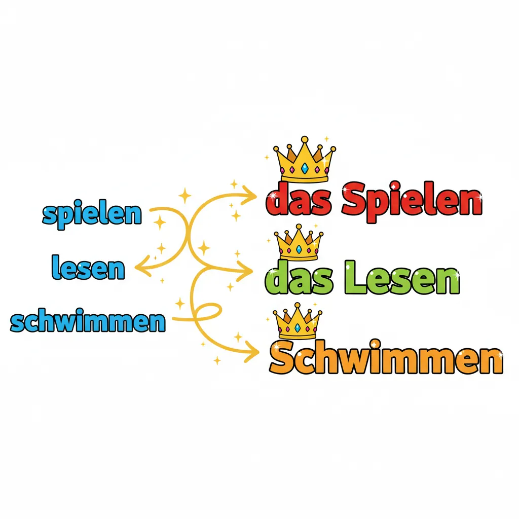 Eine bunte Darstellung, die die Verwandlung von Verben zu Nomen zeigt: Auf der linken Seite drei kleine Wörter in Kleinbuchstaben (spielen, lesen, schwimmen) in Blau, die durch geschwungene Pfeile zu großen, glänzenden Wörtern auf der rechten Seite führen (das Spielen, das Lesen, das Schwimmen) mit goldenen Kronen darüber. Die Nomen sind in kräftigen Farben (Rot, Grün, Orange) dargestellt. Kindgerechter Illustrationsstil im Cartoon-Stil mit fröhlichen Farben auf weißem Hintergrund.