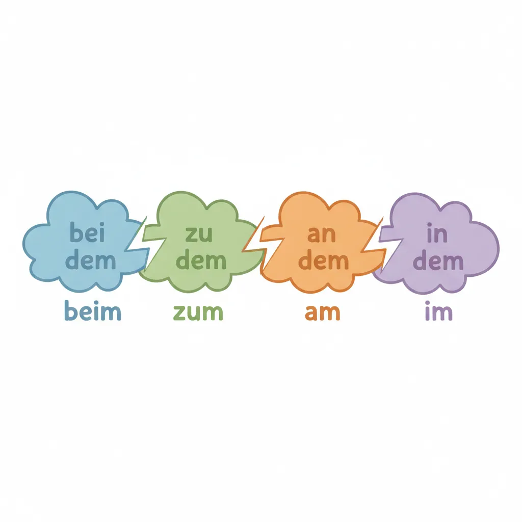 Vier farbige Wolken, die die Verschmelzung zeigen: Jede Wolke enthält zwei Teile, die zusammenkommen. Erste Wolke (blau): 