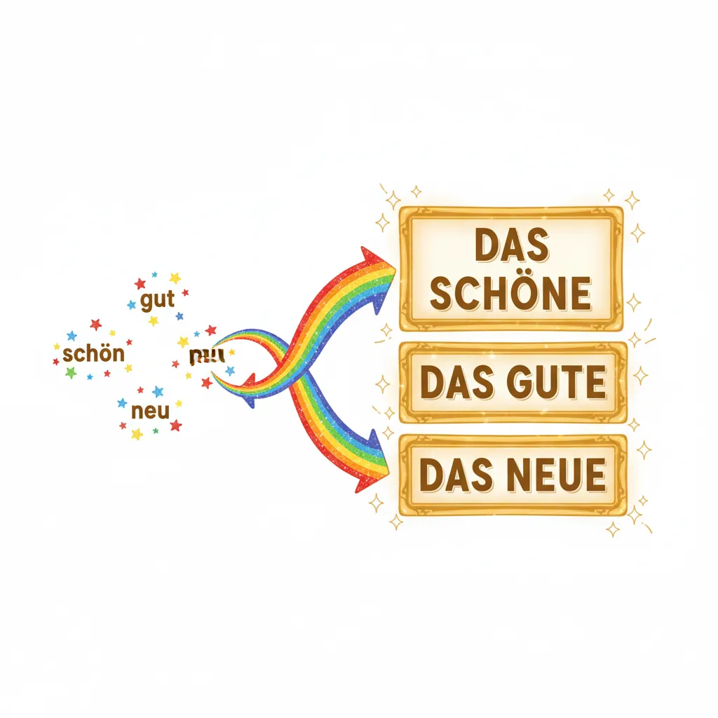 Eine Illustration, die zeigt, wie Adjektive zu Nomen werden: Links drei kleine Wörter (schön, gut, neu) in Kleinbuchstaben mit bunten Sternen drumherum. In der Mitte große bunte Pfeile, die nach rechts zeigen. Rechts die gleichen Wörter groß und mit goldenen Rahmen (das Schöne, das Gute, das Neue). Die Transformation wird durch glitzernde Funken dargestellt. Kindgerechter Illustrationsstil im Cartoon-Stil auf weißem Hintergrund.