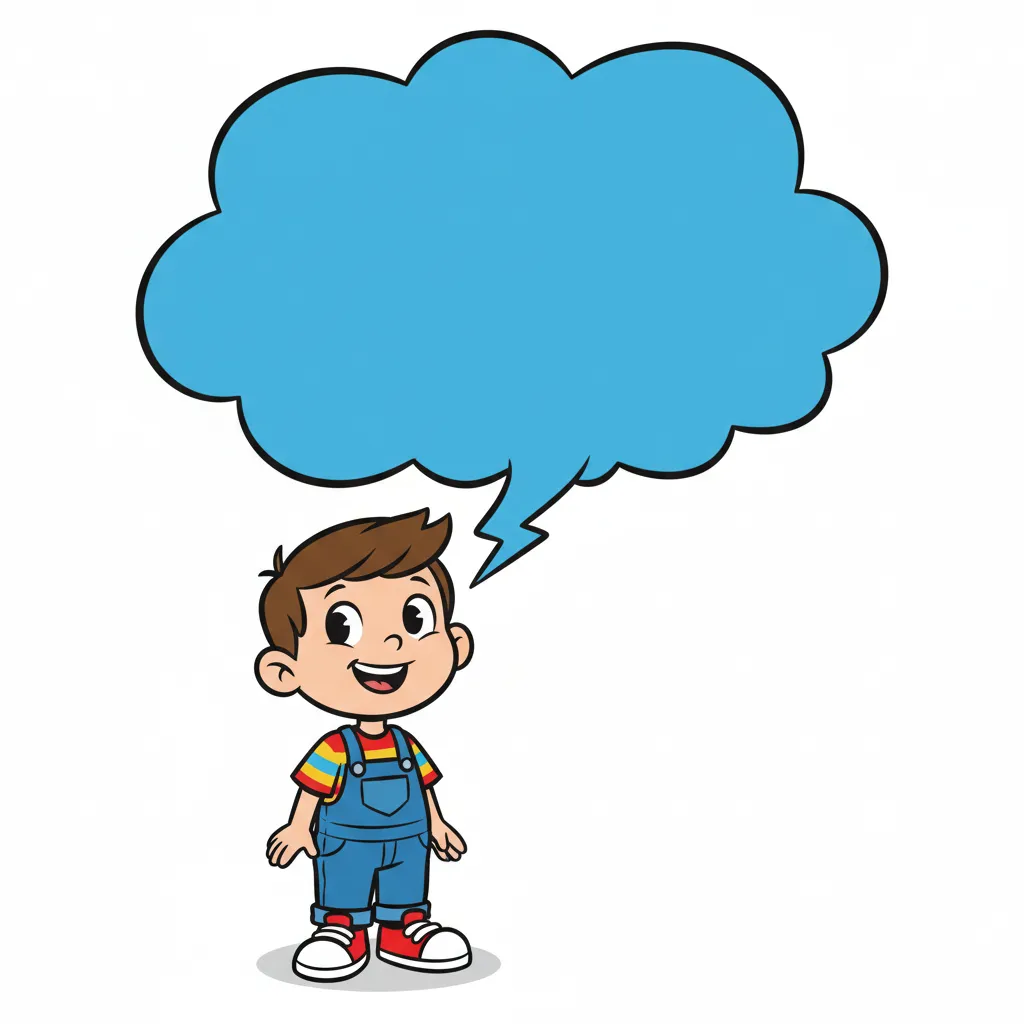 Ein fröhliches Kind im Cartoon-Stil mit einer großen, bunten Sprechblase über dem Kopf. Die Sprechblase ist leuchtend blau mit einem weißen Inneren und zeigt durch ihre Form, dass das Kind etwas sagt. Keine Text-Inhalte in der Sprechblase. Fröhlicher, kindgerechter Illustrationsstil im Cartoon-Stil auf weißem Hintergrund.