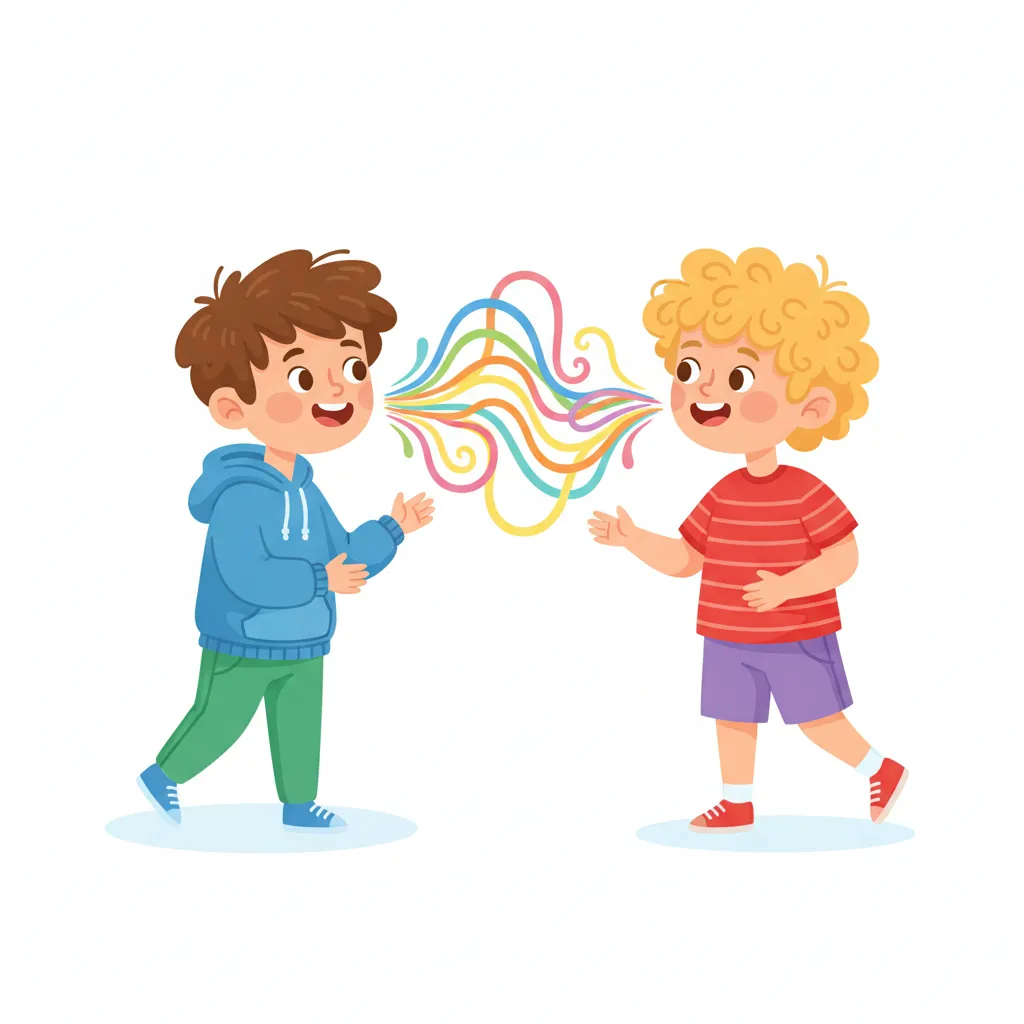 Zwei fröhliche Kinder im Gespräch, einander zugewandt. Ein Kind mit braunen Haaren und eines mit blonden Haaren. Beide haben freundliche, offene Gesichter und zeigen durch ihre Körperhaltung, dass sie miteinander sprechen. Zwischen ihnen symbolische, bunte Wellen oder Linien, die das Sprechen und den Dialog visualisieren. Kindgerechter Illustrationsstil im Cartoon-Stil auf weißem Hintergrund.