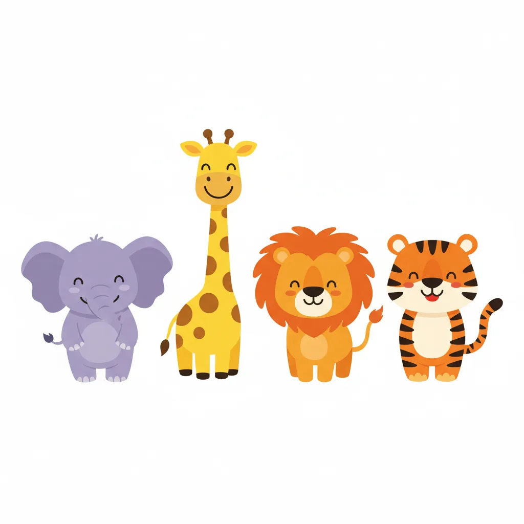 Vier fröhliche Zootiere stehen nebeneinander in einer Reihe: Ein lila Elefant, eine gelbe Giraffe mit braunen Flecken, ein orangefarbener Löwe mit Mähne und ein gestreifter Tiger. Alle Tiere lächeln freundlich. Kindgerechter Illustrationsstil im Cartoon-Stil, bunte Farben auf weißem Hintergrund.