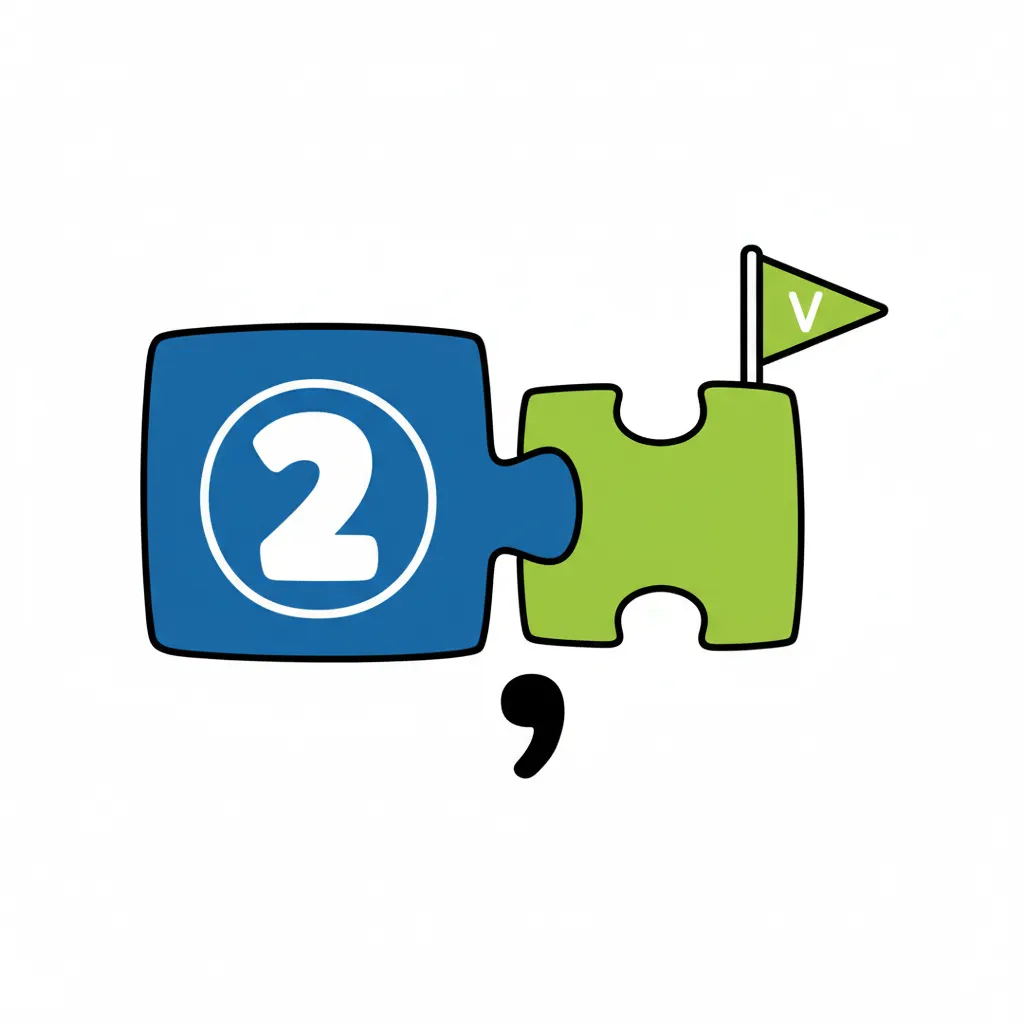 Zwei unterschiedlich große Bausteine oder Puzzleteile, die zusammenpassen. Der größere Baustein (in Blau) repräsentiert den Hauptsatz und kann alleine stehen. Der kleinere Baustein (in Grün) repräsentiert den Nebensatz und ist an den Hauptsatz angedockt. Zwischen beiden ein deutliches Komma-Symbol. Im blauen Baustein ist symbolisch die Ziffer 