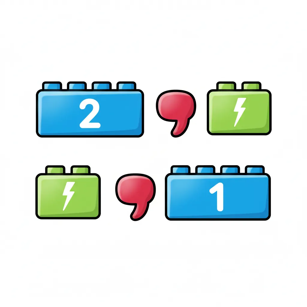 Zwei parallele Pfade mit Bausteinen. Oberer Pfad: Blauer großer Baustein (Hauptsatz) mit Ziffer 