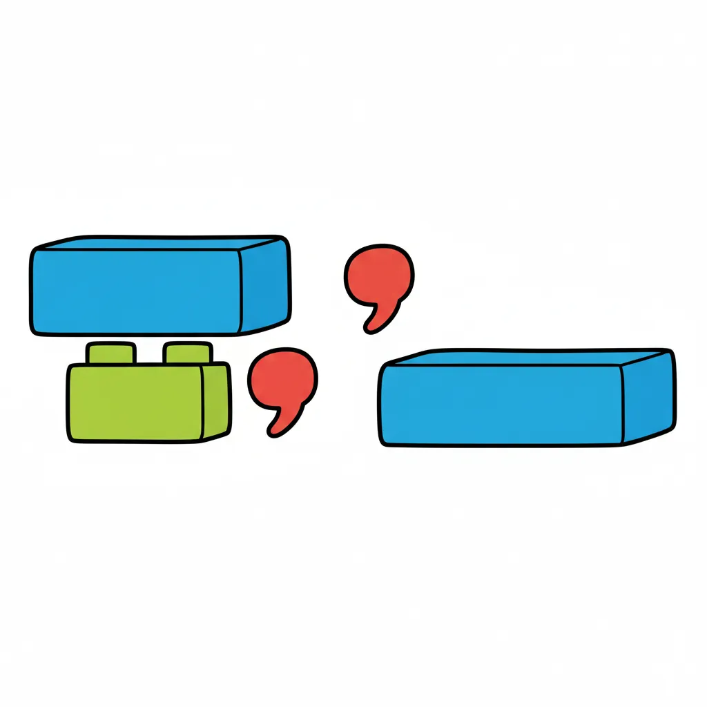 Zwei Szenen nebeneinander. Linke Szene (Satzgefüge): Ein großer blauer Baustein (Hauptsatz) mit einem kleineren grünen Baustein (Nebensatz) angedockt unten, hierarchische Anordnung, ein rotes Komma zwischen ihnen. Rechte Szene (Satzreihe): Zwei gleich große blaue Bausteine (beide Hauptsätze) nebeneinander auf gleicher Höhe, gleichwertig, ein rotes Komma zwischen ihnen. Keine Texte oder Beschriftungen. Kindgerechter Illustrationsstil im Cartoon-Stil mit klaren Formen und leuchtenden Farben auf weißem Hintergrund.