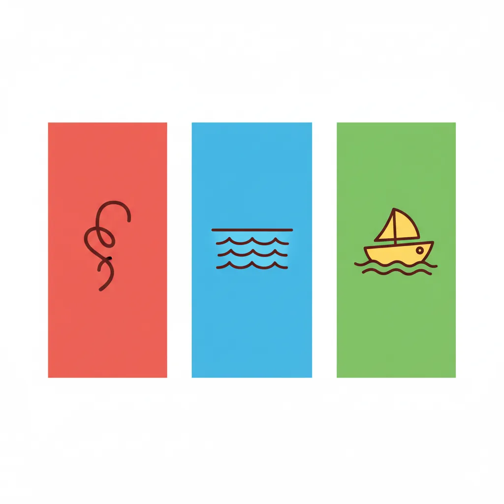 Drei nebeneinander stehende bunte Spalten auf weißem Hintergrund. Die erste rote Spalte zeigt symbolisch ein Haar, die zweite blaue Spalte zeigt einen See mit Wellen, die dritte grüne Spalte zeigt ein Boot. Keine Texte in den Spalten, nur visuelle Symbole. Kindgerechter Illustrationsstil im Cartoon-Stil.