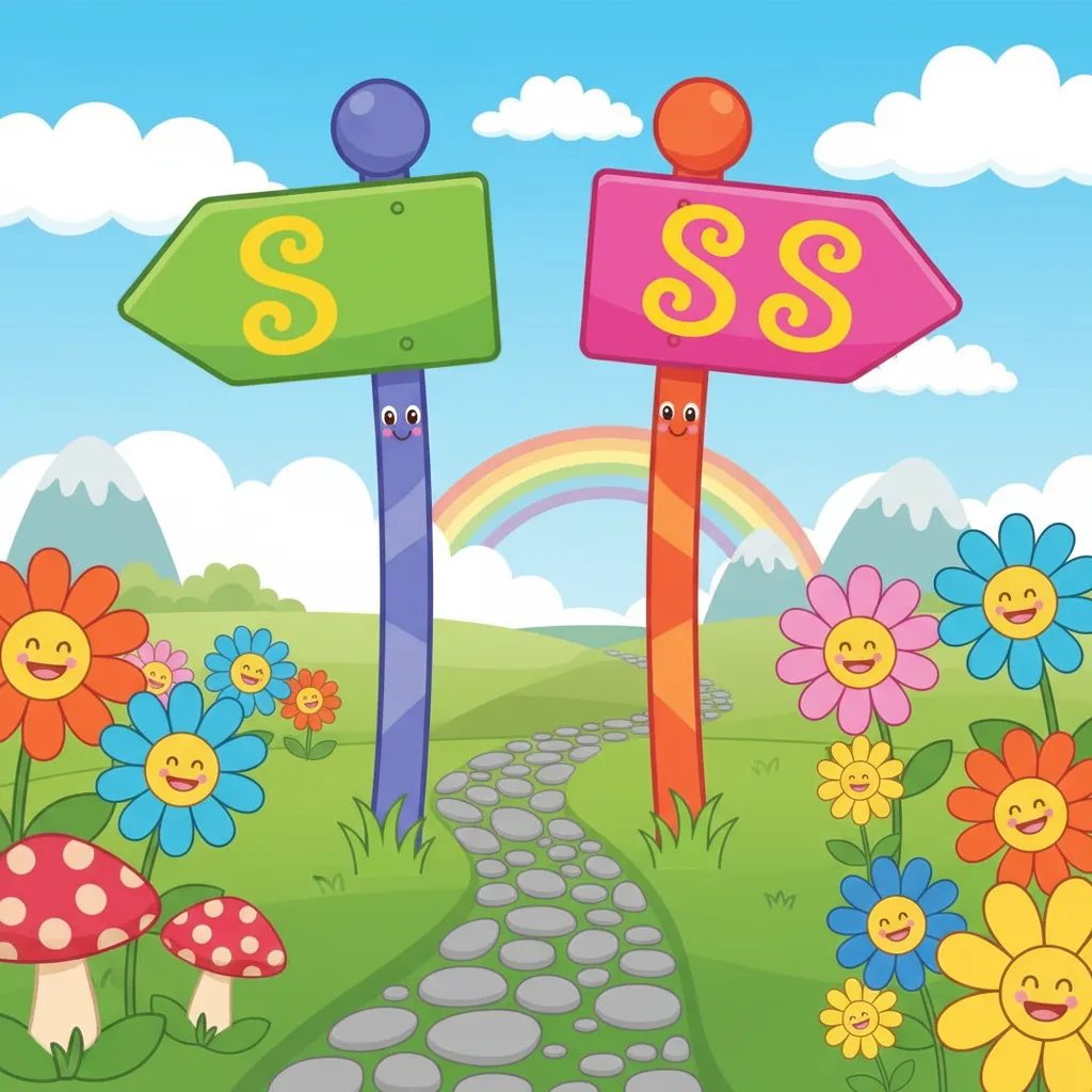 Zwei bunte Wegweiser an einem Kreuzungspunkt. Der linke Wegweiser zeigt nach links und hat ein großes S darauf, der rechte Wegweiser zeigt nach rechts und hat zwei SS darauf. Im Hintergrund eine freundliche Landschaft. Kindgerechter Illustrationsstil im Cartoon-Stil mit leuchtenden Farben.