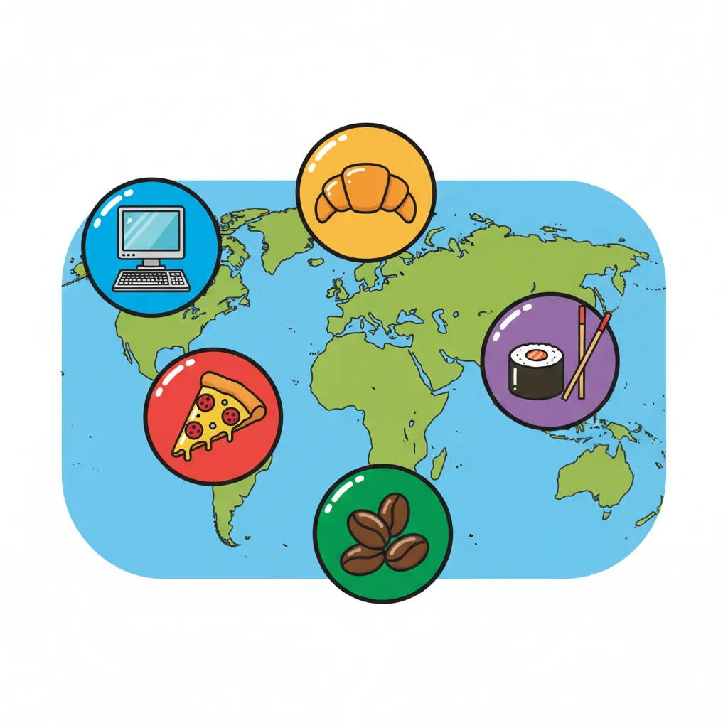 Fünf bunte Kreise auf einer Weltkarte im Hintergrund. Jeder Kreis zeigt ein Symbol für ein typisches Produkt aus verschiedenen Ländern: Ein Computer-Symbol (USA/England), ein Croissant-Symbol (Frankreich), ein Pizza-Stück-Symbol (Italien), eine Kaffeebohne (Afrika/Arabien), und ein Sushi-Symbol (Japan). Keine Texte, nur die visuellen Symbole in leuchtenden Farben. Kindgerechter Illustrationsstil im Cartoon-Stil mit vereinfachter Weltkarte als Hintergrund.