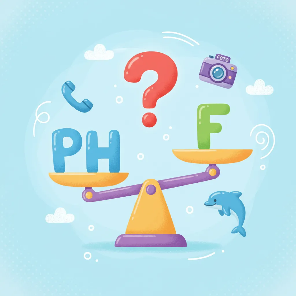 Eine bunte Kinderwaage im Gleichgewicht. Auf der linken Seite steht ein großer Buchstabe ph in Blau, auf der rechten Seite ein großer Buchstabe f in Grün. In der Mitte über der Waage schwebt ein Fragezeichen. Um die Waage herum sind kleine Symbole: ein Telefon, eine Kamera (Foto), ein Delfin. Kindgerechter Illustrationsstil im Cartoon-Stil mit freundlichen, runden Formen.