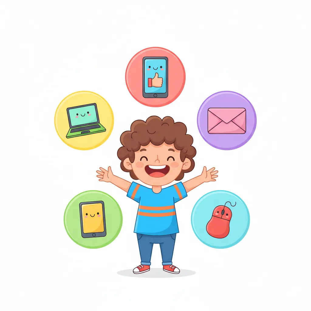 Ein fröhliches Kind in der Mitte, umgeben von schwebenden Technologie-Symbolen in bunten Kreisen: ein Laptop-Symbol, ein Smartphone-Symbol, eine E-Mail-Symbol (Briefumschlag), ein Tablet-Symbol, und eine Computer-Maus. Die Symbole sind vereinfacht und freundlich dargestellt, ohne Text. Kindgerechter Illustrationsstil im Cartoon-Stil mit leuchtenden Farben auf weißem Hintergrund.