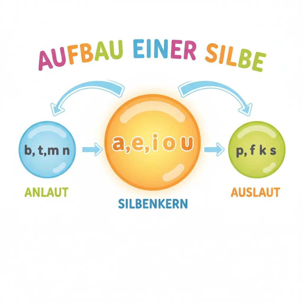 Ein buntes Diagramm zeigt den Aufbau einer Silbe. In der Mitte steht ein großer, leuchtender Kreis mit einem Vokal (a, e, i, o, u) - das ist der Silbenkern. Links und rechts vom Kreis sind kleinere Kreise mit Konsonanten (b, t, m, n, etc.) angeordnet. Pfeile zeigen, wie die Konsonanten den Vokal-Kern umgeben. Alles in kindgerechten, hellen Farben (Blau, Grün, Orange, Gelb) auf weißem Hintergrund. Kindgerechter Illustrationsstil im Cartoon-Stil.