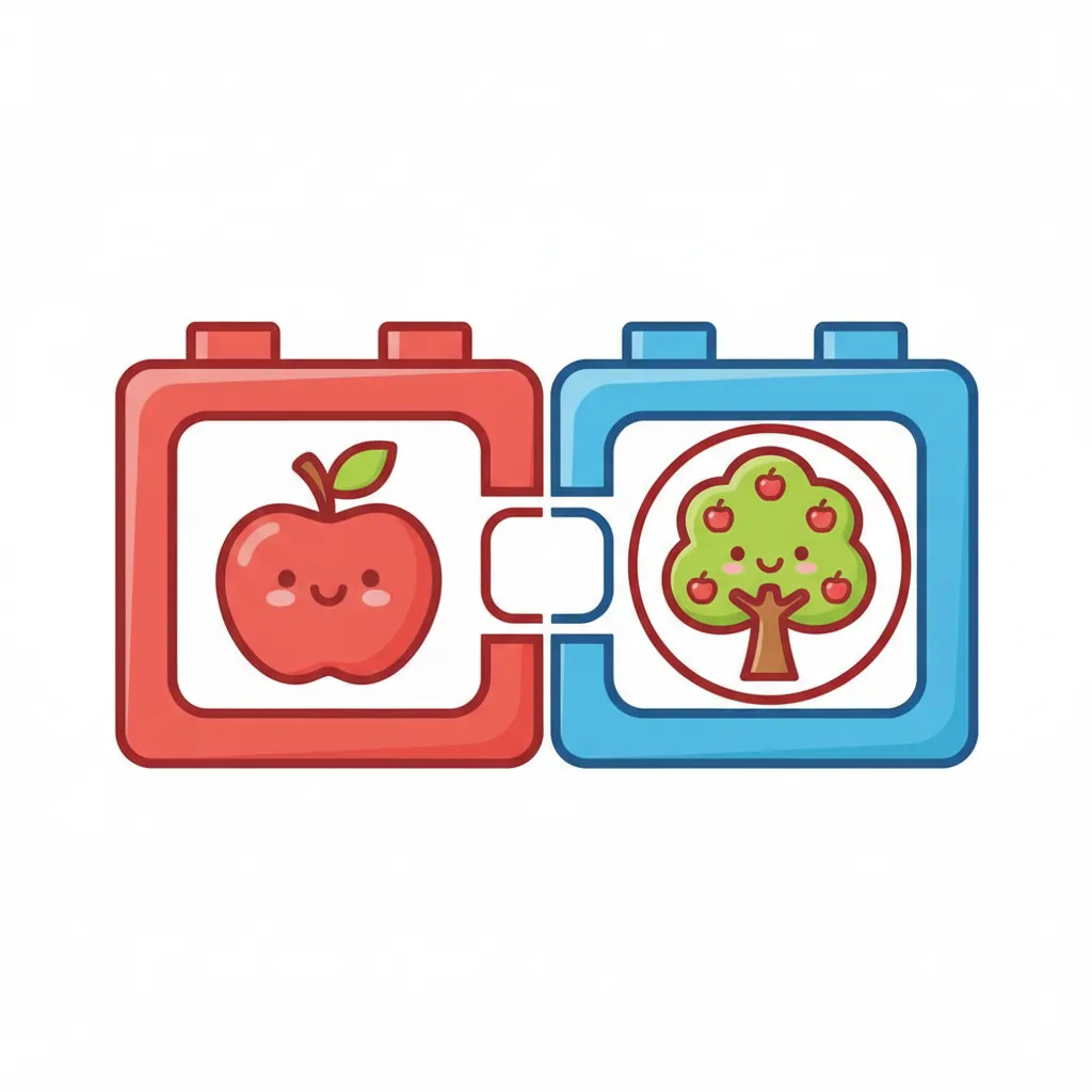 Zwei große, farbige Bauklötze (rot und blau), die zusammengefügt werden und einen neuen, größeren Block bilden. Der erste Block hat ein Symbol (z.B. einen Apfel), der zweite einen Baum. Zusammen ergeben sie ein neues Symbol. Kindgerechter Illustrationsstil im Cartoon-Stil, helle Farben, weißer Hintergrund.