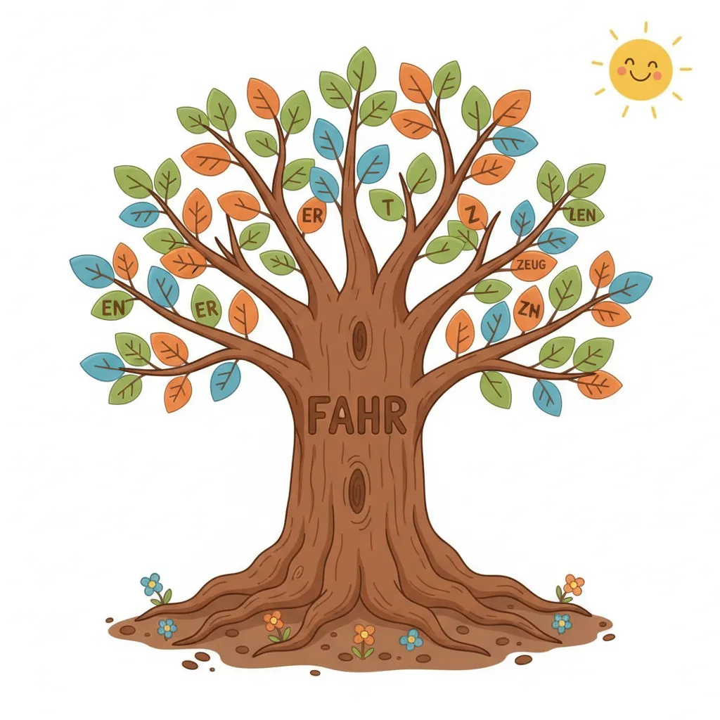 Ein großer, kräftiger Baumstamm in der Mitte mit dem Wort 