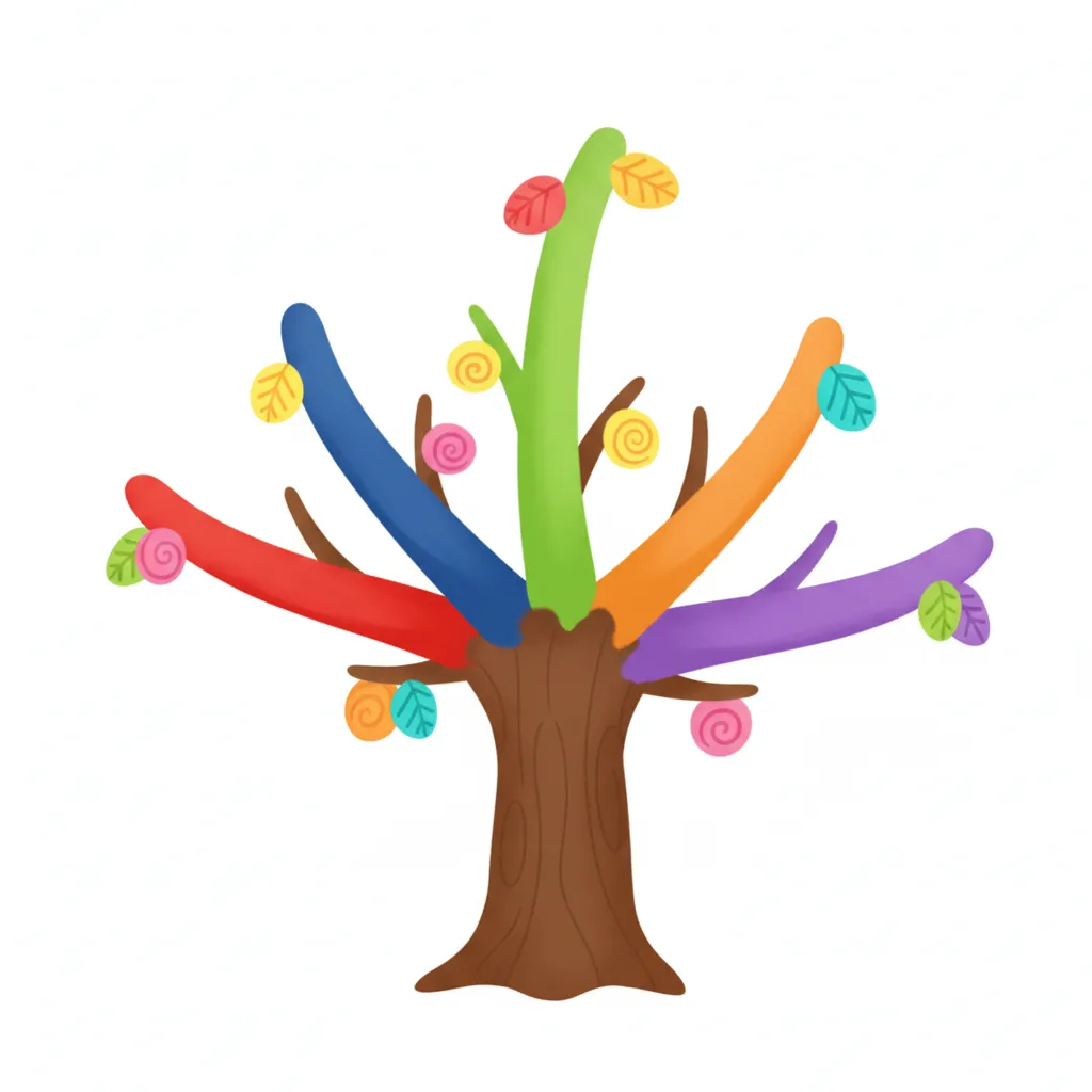 Ein bunter Baum mit einem dicken Stamm in der Mitte und fünf großen Ästen, die nach oben und zu den Seiten wachsen. Der Stamm ist braun und kräftig. Jeder Ast hat eine andere leuchtende Farbe (Rot, Blau, Grün, Orange, Lila). An jedem Ast hängen 2-3 bunte Früchte oder Blätter. Kein Text im Bild. Kindgerechter Illustrationsstil im Cartoon-Stil auf weißem Hintergrund.