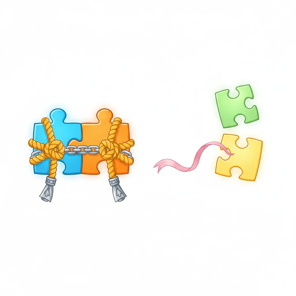 Zwei Szenen nebeneinander. Linke Szene: Zwei Puzzleteile sind fest zusammengesteckt und mit einem starken Seil oder einer Kette verbunden - sie können nicht getrennt werden. Rechte Szene: Zwei Puzzleteile sind nur locker verbunden durch ein leichtes Band, eines der Teile schwebt etwas weg - sie können sich trennen. Keine Buchstaben oder Wörter. Leuchtende, freundliche Farben. Kindgerechter Illustrationsstil im Cartoon-Stil auf weißem Hintergrund.
