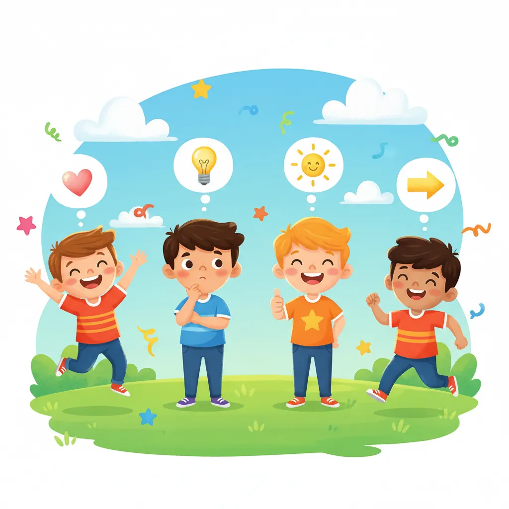 Eine bunte Illustration von vier Kindern, die verschiedene Gefühle und Zustände zeigen. Ein Kind springt fröhlich (symbolisiert Freude), ein Kind denkt nachdenklich (symbolisiert Gedanken), ein Kind zeigt Daumen hoch (symbolisiert Zufriedenheit), ein Kind läuft (symbolisiert Bewegung). Über jedem Kind schwebt eine leuchtende Gedankenblase mit einem Symbol: Herz, Glühbirne, Sonne, Pfeil. Kindgerechter Illustrationsstil im Cartoon-Stil mit leuchtenden Farben.