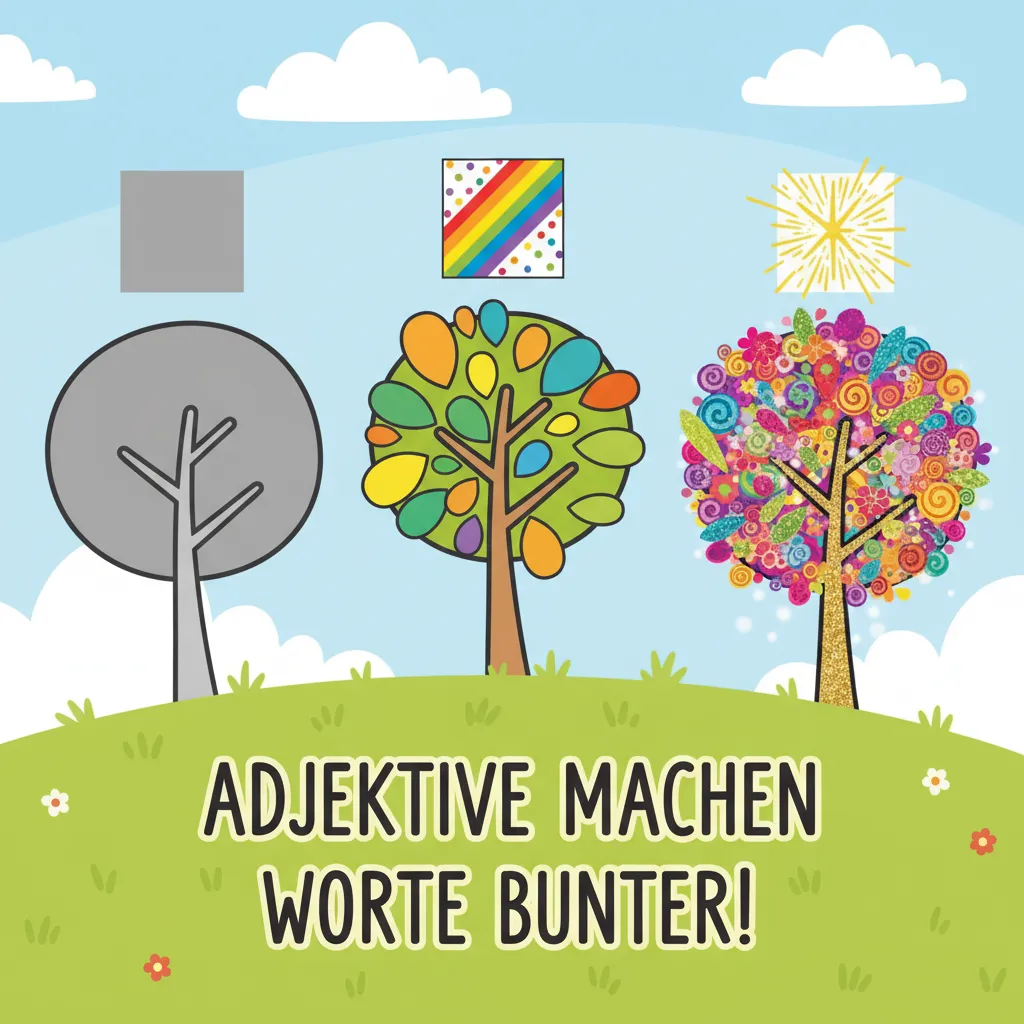Drei identische Bäume nebeneinander. Der erste Baum ist schlicht und grau. Der zweite Baum ist bunt und hat Blätter. Der dritte Baum ist sehr farbenfroh mit vielen Details, Blüten und einem strahlenden Aussehen. Über jedem Baum steht ein Symbol: über dem ersten ein einfaches Quadrat, über dem zweiten ein buntes Quadrat, über dem dritten ein funkelndes Sternenmuster. Kindgerechter Illustrationsstil im Cartoon-Stil, der zeigt, wie Adjektive Beschreibungen bereichern.