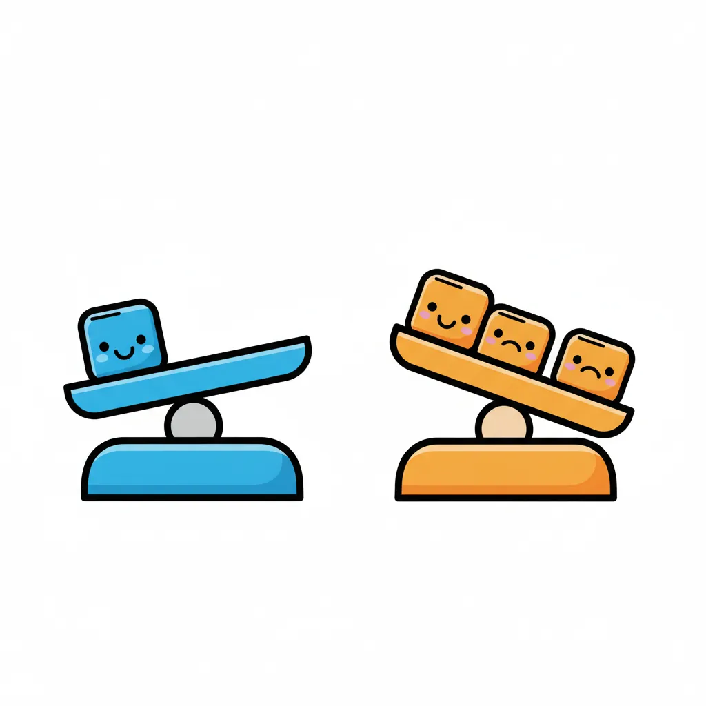 Zwei einfache Waagen nebeneinander auf weißem Hintergrund. Die linke Waage ist perfekt im Gleichgewicht mit beiden Seiten auf gleicher Höhe. Die rechte Waage ist unausgeglichen, eine Seite ist höher als die andere. Beide Waagen in leuchtenden Farben (blau und orange). Kindgerechter Illustrationsstil im Cartoon-Stil.