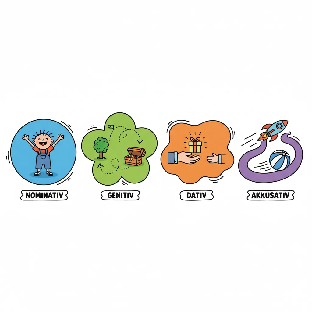 Vier farbenfrohe Stationen oder Bereiche, die die vier Fälle symbolisieren. Jede Station hat eine andere Farbe (Blau, Grün, Orange, Lila) und zeigt visuelle Symbole: eine Person (Nominativ), verbundene Elemente (Genitiv), eine Hand die etwas gibt (Dativ), ein Objekt das bewegt wird (Akkusativ). Kindgerechter Illustrationsstil im Cartoon-Stil auf weißem Hintergrund.