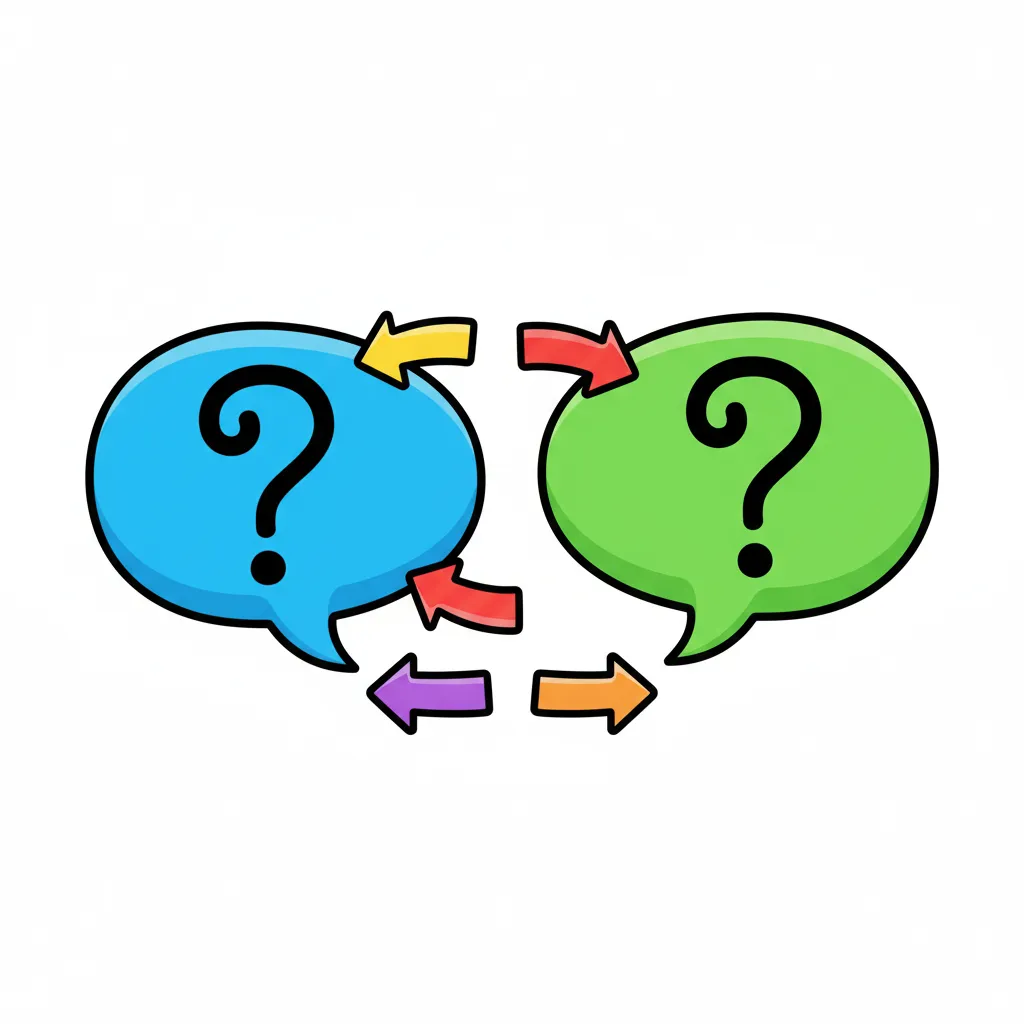 Zwei große, bunte, leere Sprechblasen nebeneinander. Die erste Sprechblase ist blau mit einem großen Fragezeichen-Symbol. Die zweite Sprechblase ist grün mit einem anderen großen Fragezeichen-Symbol. Zwischen den Sprechblasen sind einfache, bunte Pfeile. Kindgerechter Illustrationsstil im Cartoon-Stil mit leuchtenden Farben auf weißem Hintergrund. Keine Wörter oder Text im Bild.