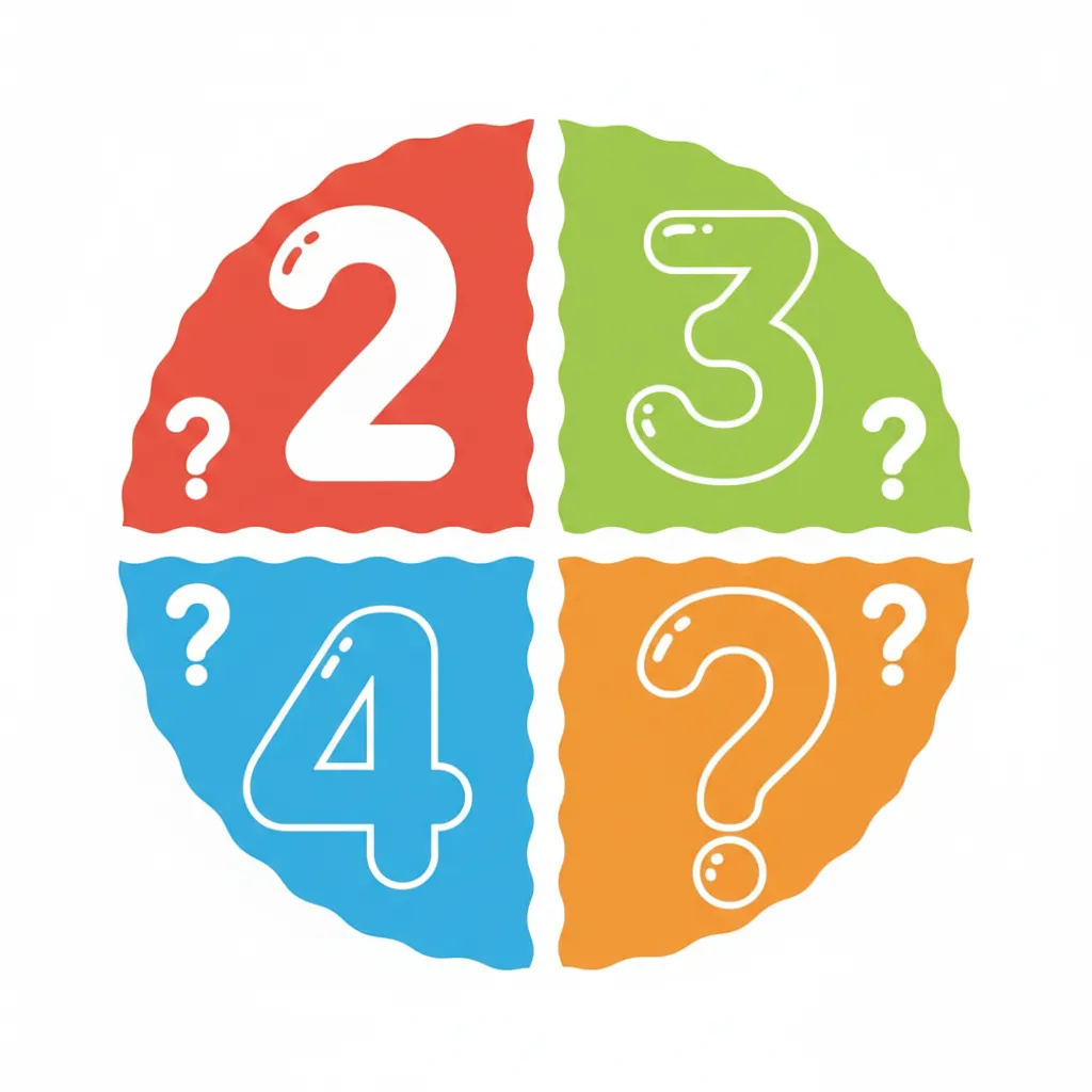 Ein buntes Schaubild mit vier farbigen Bereichen (rot, grün, blau, orange). Jeder Bereich zeigt eine große Zahl: 2 (rot), 3 (grün), 4 (blau), und ein großes Fragezeichen-Symbol (orange). In jedem Bereich ist außerdem ein großes Fragezeichen-Symbol zu sehen. Die Bereiche sind klar voneinander getrennt und gleich groß angeordnet. Kindgerechter Illustrationsstil im Cartoon-Stil auf weißem Hintergrund. Nur die Zahlen 2, 3, 4 und Fragezeichen-Symbole, keine Wörter.