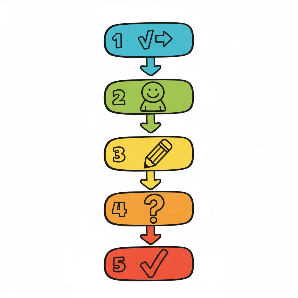 Ein vertikales Flussdiagramm mit fünf bunten, nummerierten Schritten (1-5). Jeder Schritt ist als farbiger Kasten dargestellt mit einem einfachen Symbol: 1. Verb-Symbol (blau), 2. Person-Symbol (grün), 3. Stift-Symbol (gelb), 4. Fragezeichen-Symbol (orange), 5. Häkchen-Symbol (rot). Die Schritte sind durch Pfeile verbunden, die nach unten zeigen. Kindgerechter Illustrationsstil im Cartoon-Stil auf weißem Hintergrund.